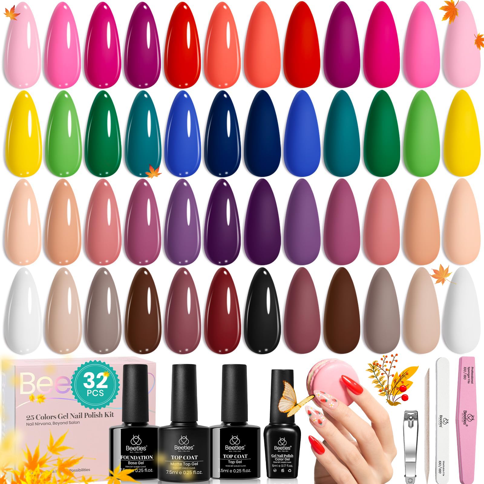 beetles Gel Polish Set Fall Gel Nail Polish Kit 36 Pcs 32 Colors with Base Top Coat Burgundy Red Blue Purple Hot Pink Green Black White Uv LED Lamp Nails Gifts for Women Fingertip Palette