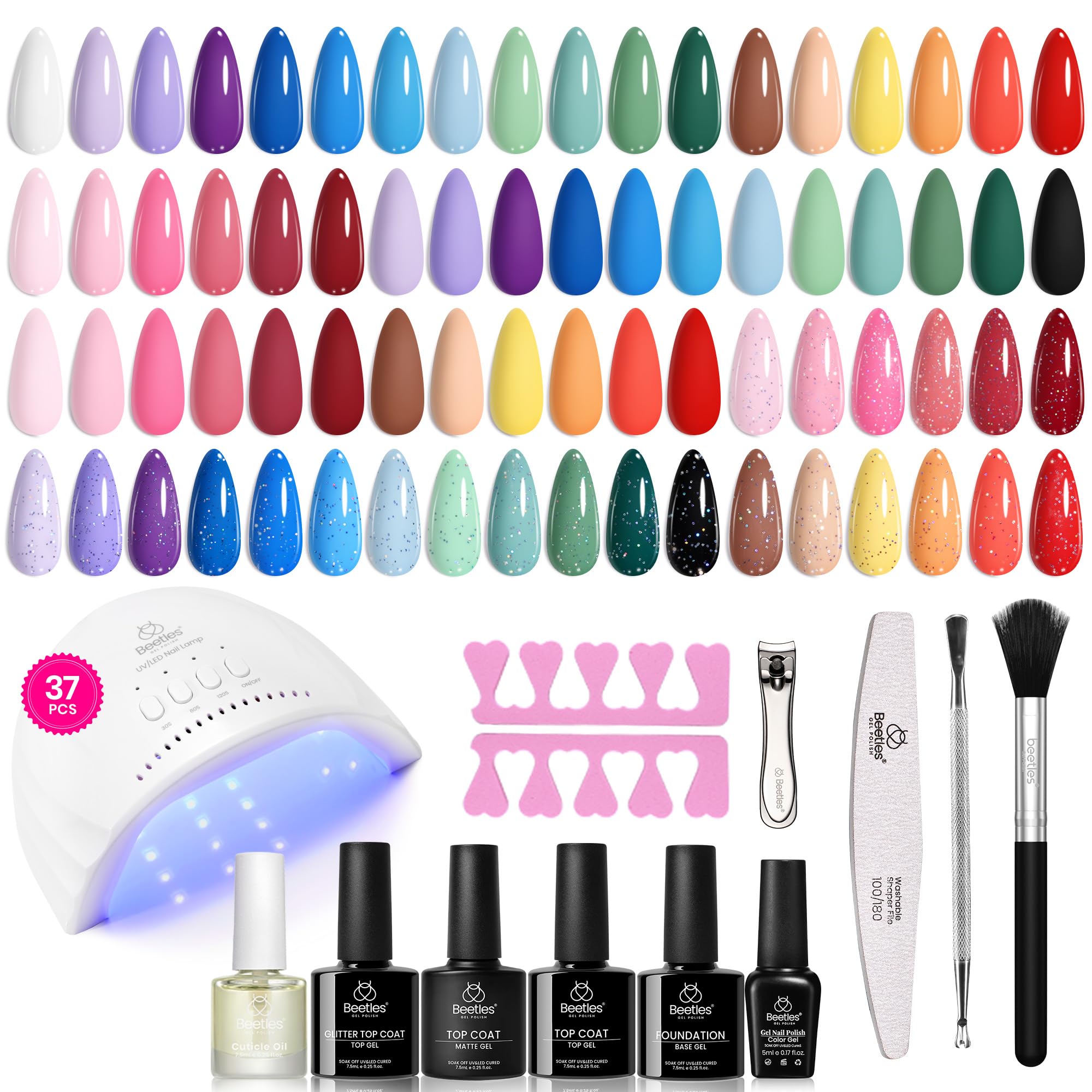 beetles Gel Polish Set Fall Gel Nail Polish Kit 36 Pcs 32 Colors with Base Top Coat Burgundy Red Blue Purple Hot Pink Green Black White Uv LED Lamp Nails Gifts for Women Fingertip Palette