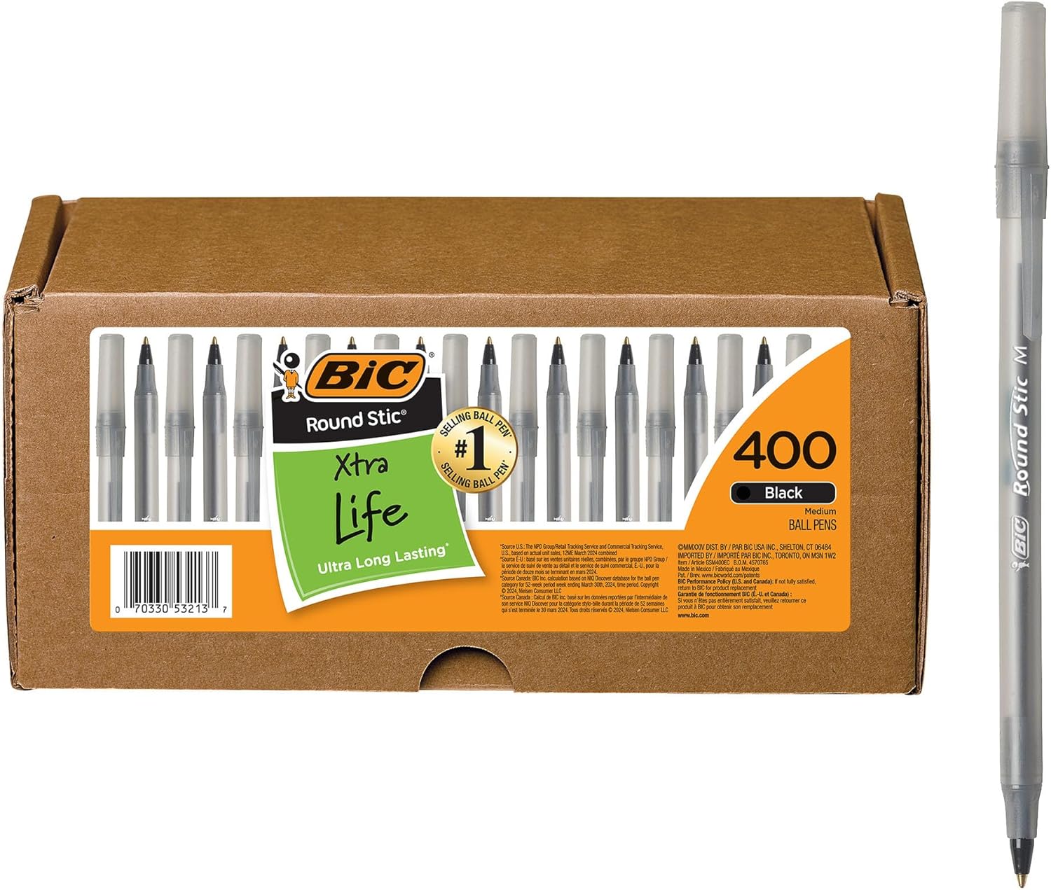 BIC Round Stic Xtra Life Ballpoint Pen, Ultra Long Lasting and Consistent Ink Flow, 60-Count in Black Ink