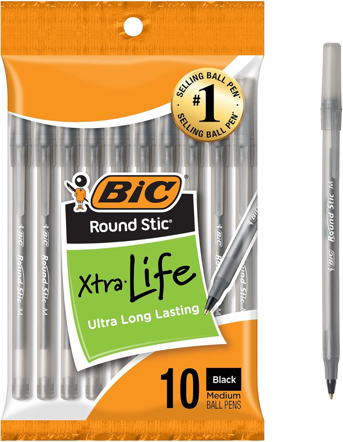 BIC Round Stic Xtra Life Ballpoint Pen, Ultra Long Lasting and Consistent Ink Flow, 60-Count in Black Ink