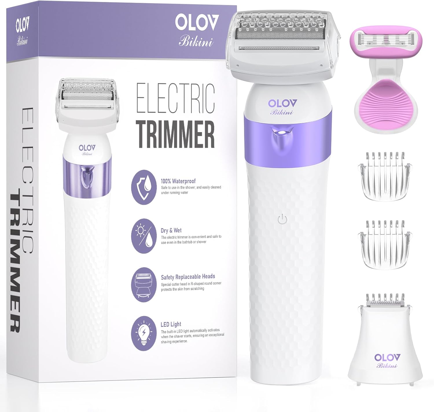 Bikini Trimmer for Women, IPX7 Waterproof Wet & Dry Electric Razors for Women, Bikini Legs Underarm Pubic Hairs Rechargeable Electric Shaver with 2 Trimmer Heads and Travel Razors