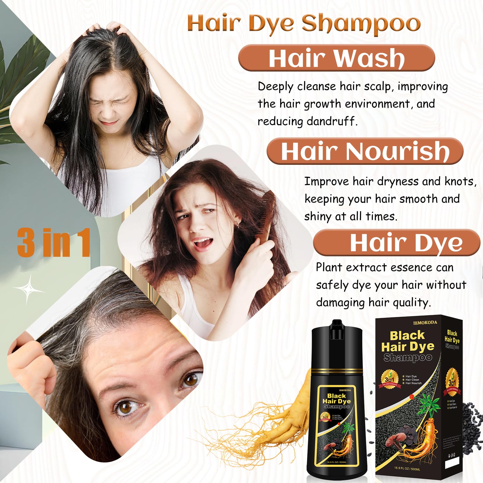 Black 3-in-1 Hair Dye for Men & Women - Long-Lasting Gray Hair Coverage, Shampoo Para Canas, Natural Color in Minutes - 16.9 Fl Oz