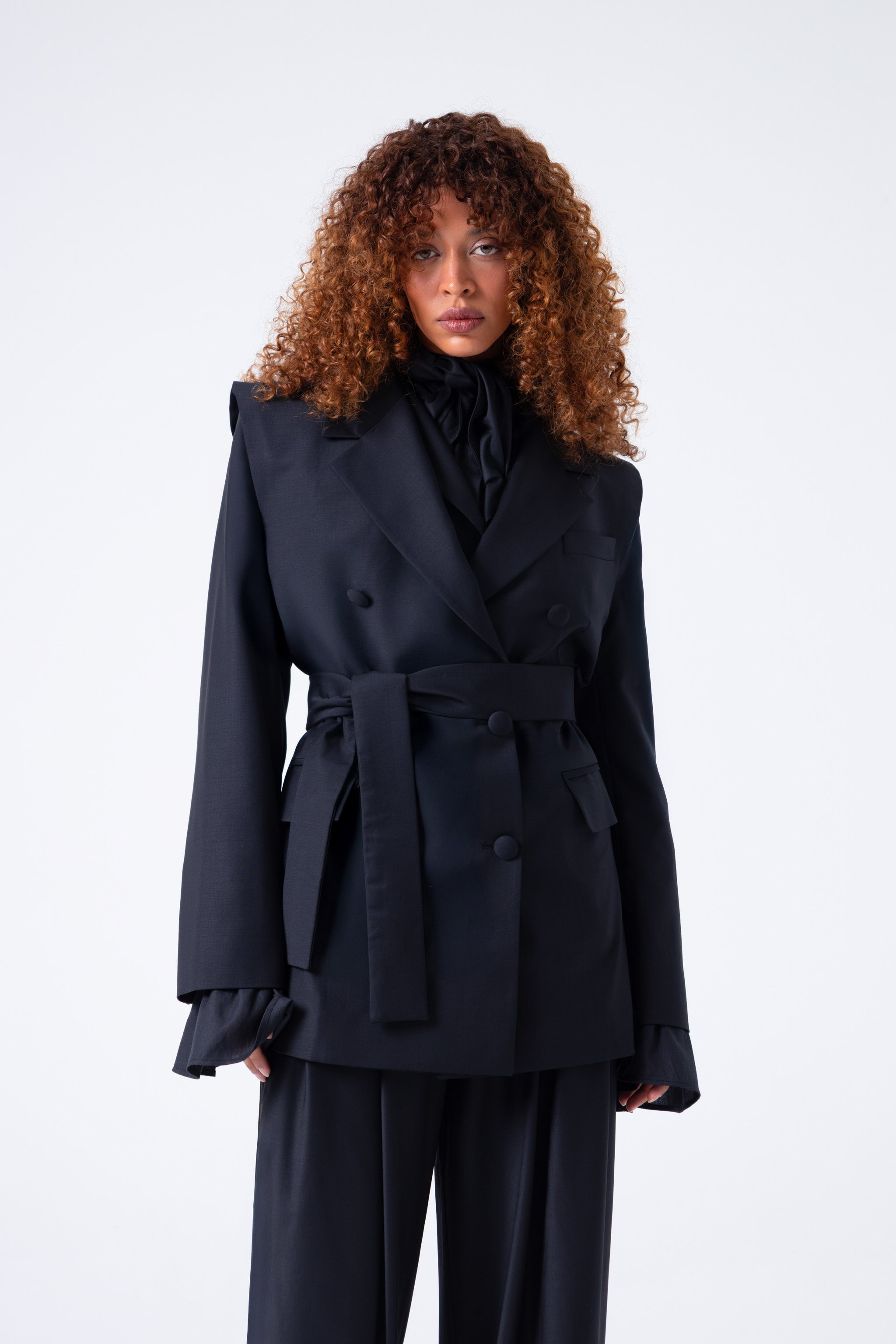 Broadway Liza Double-Breasted Virgin Wool Blazer in Deep Black
