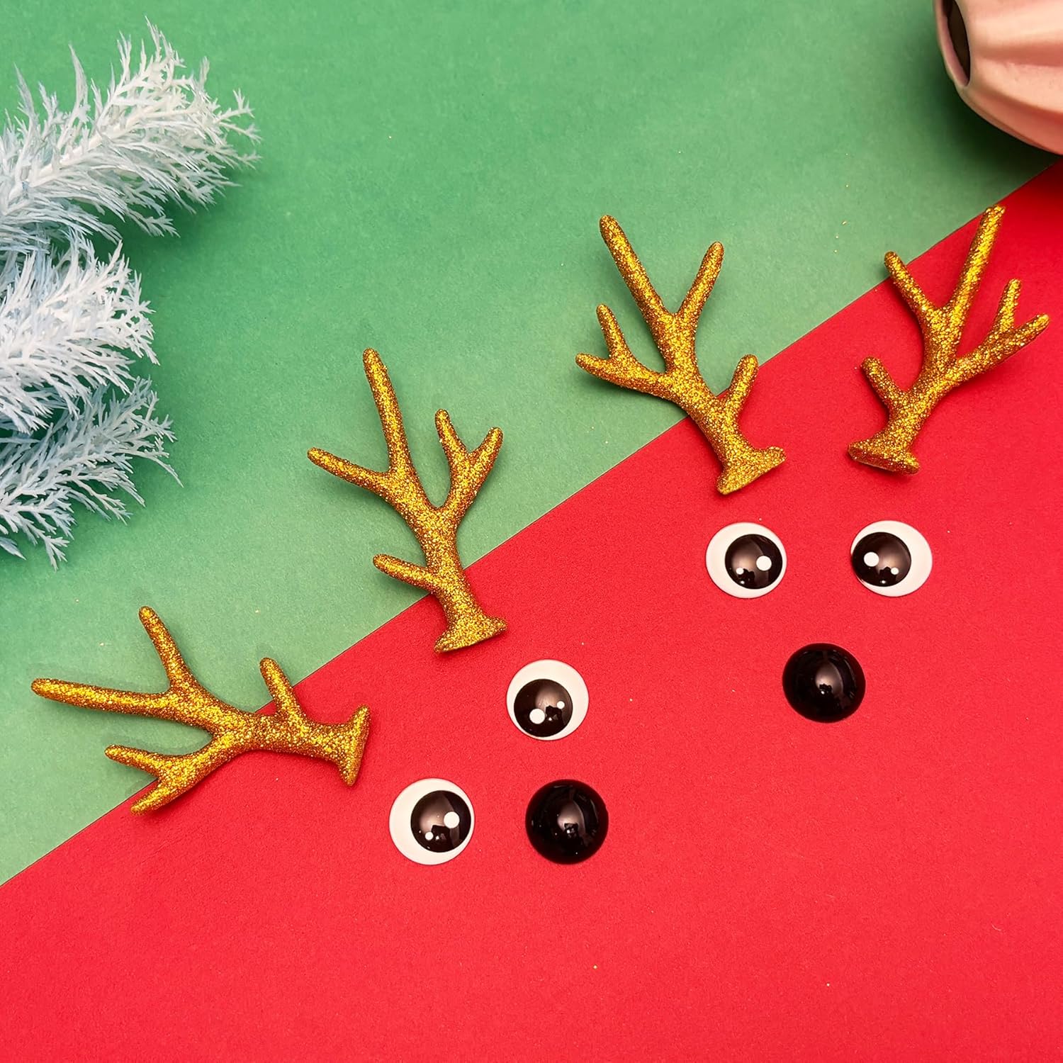 Bling Shoe Charms for Clog Sandals, 2Pairs of Lovely Reindeer Antlers, Animal Nose, Eyes Charms, Bling Glitter, Flocked Shoe Decoration Charms Accessories for Christmas Party Favor