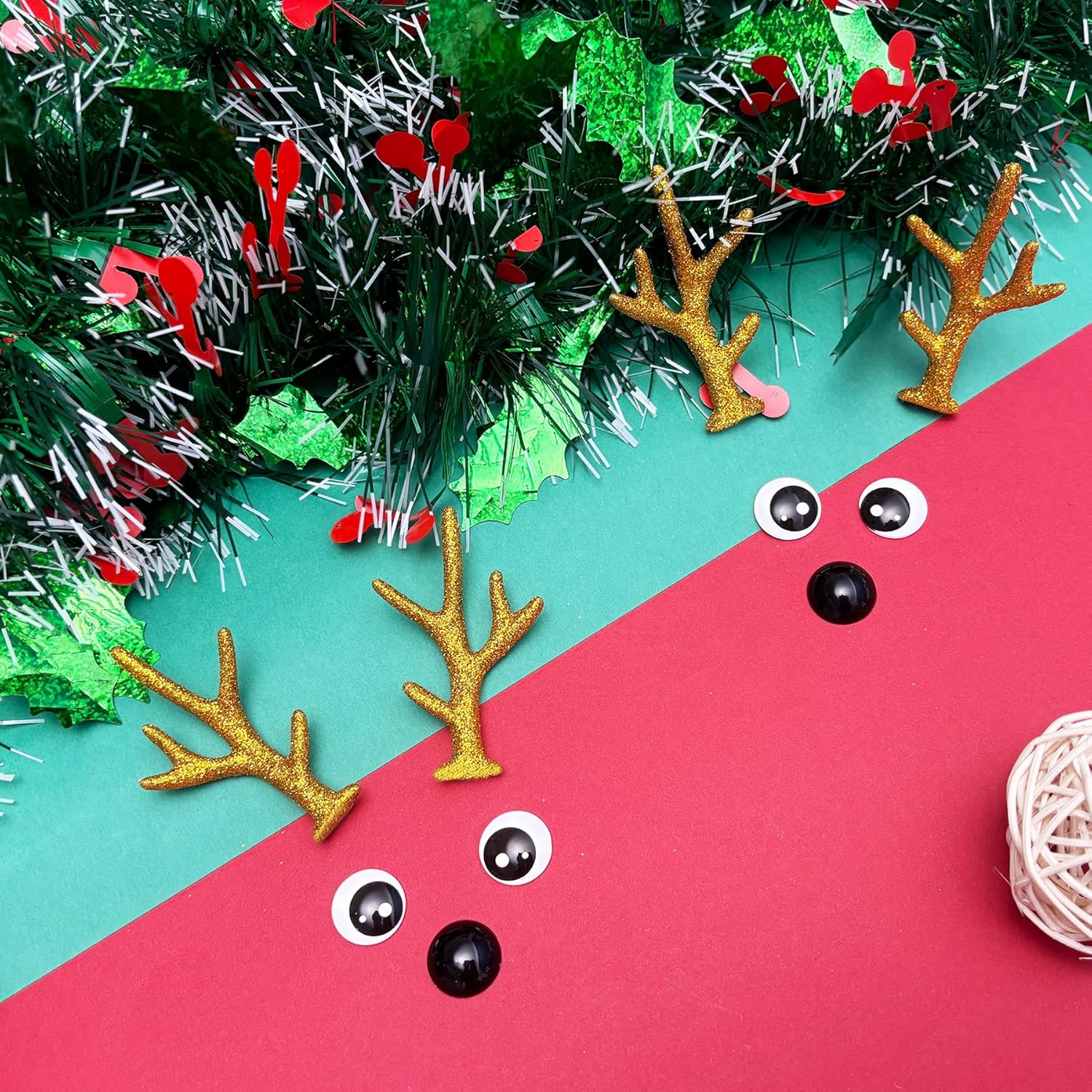 Bling Shoe Charms for Clog Sandals, 2Pairs of Lovely Reindeer Antlers, Animal Nose, Eyes Charms, Bling Glitter, Flocked Shoe Decoration Charms Accessories for Christmas Party Favor