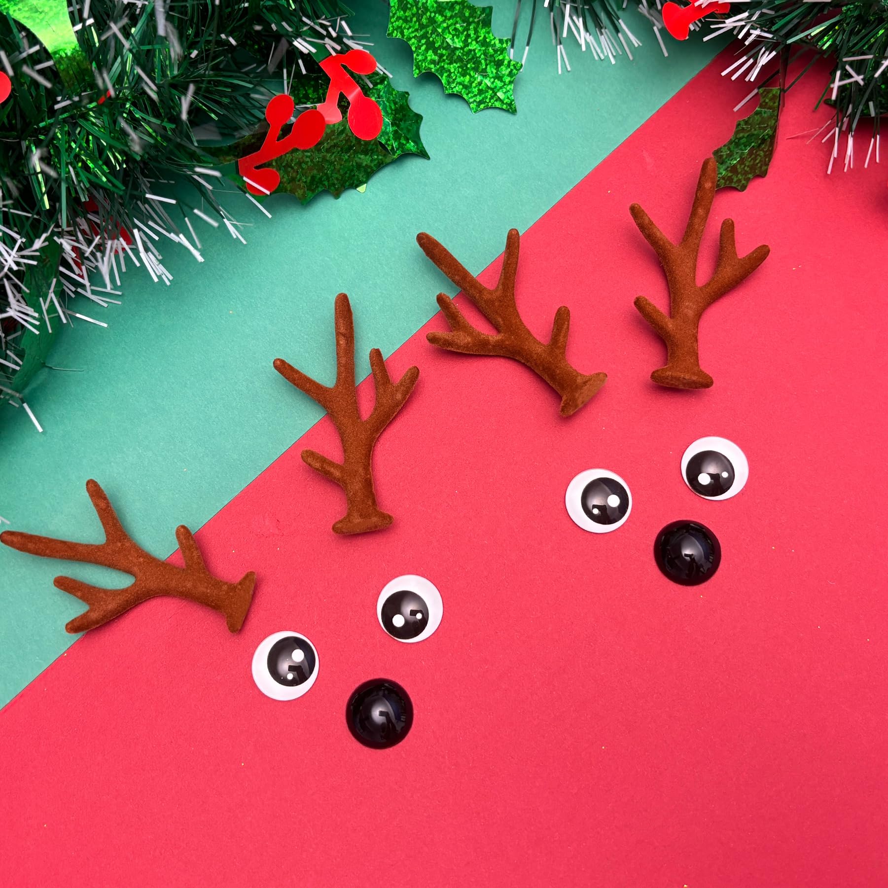 Bling Shoe Charms for Clog Sandals, 2Pairs of Lovely Reindeer Antlers, Animal Nose, Eyes Charms, Bling Glitter, Flocked Shoe Decoration Charms Accessories for Christmas Party Favor