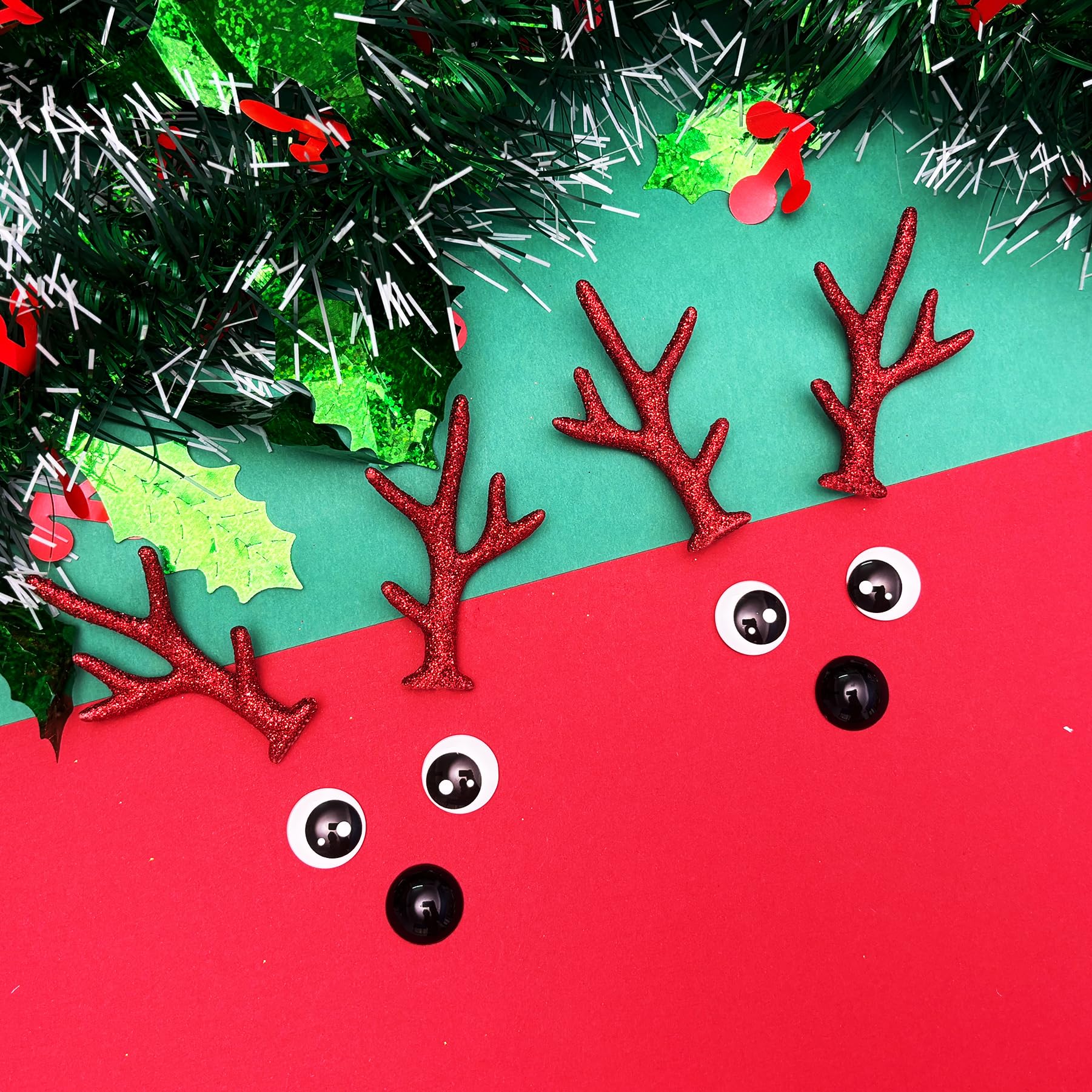 Bling Shoe Charms for Clog Sandals, 2Pairs of Lovely Reindeer Antlers, Animal Nose, Eyes Charms, Bling Glitter, Flocked Shoe Decoration Charms Accessories for Christmas Party Favor