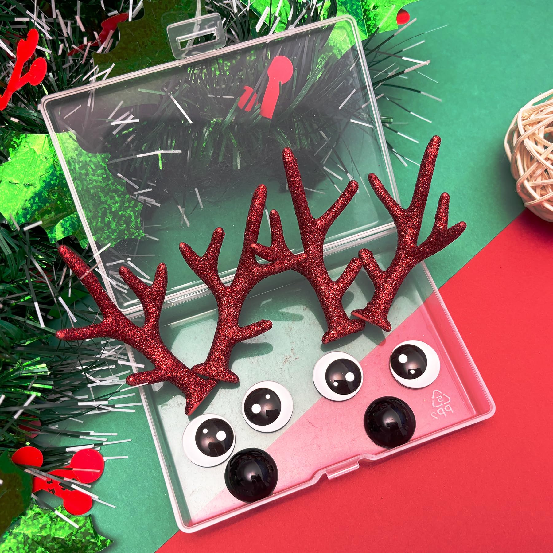 Bling Shoe Charms for Clog Sandals, 2Pairs of Lovely Reindeer Antlers, Animal Nose, Eyes Charms, Bling Glitter, Flocked Shoe Decoration Charms Accessories for Christmas Party Favor