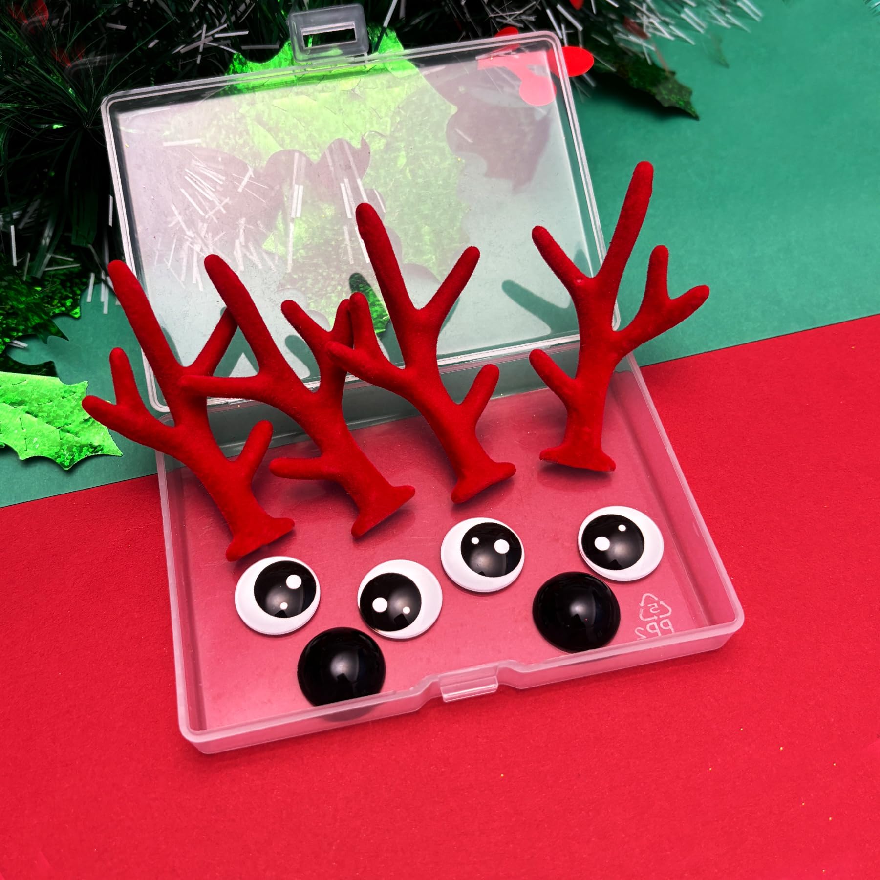 Bling Shoe Charms for Clog Sandals, 2Pairs of Lovely Reindeer Antlers, Animal Nose, Eyes Charms, Bling Glitter, Flocked Shoe Decoration Charms Accessories for Christmas Party Favor