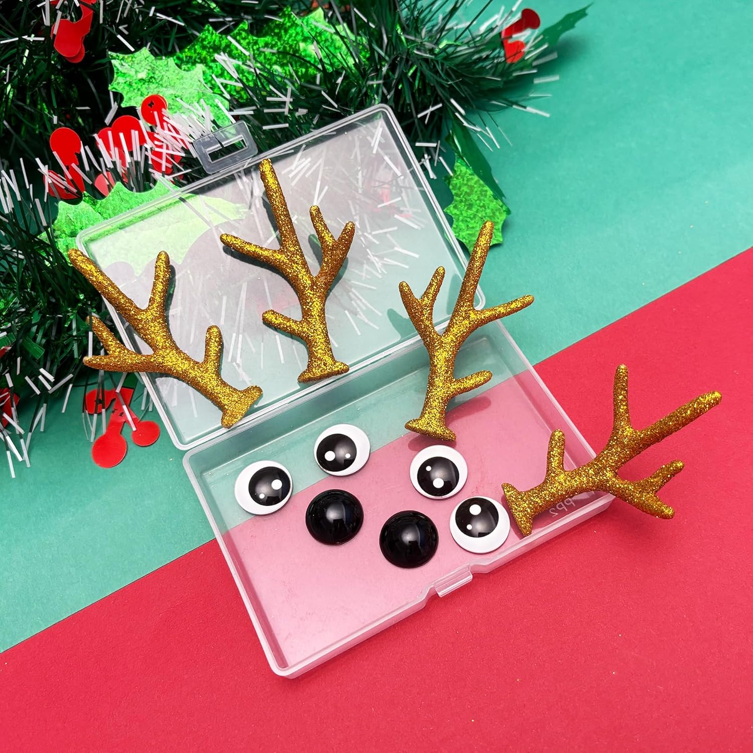 Bling Shoe Charms for Clog Sandals, 2Pairs of Lovely Reindeer Antlers, Animal Nose, Eyes Charms, Bling Glitter, Flocked Shoe Decoration Charms Accessories for Christmas Party Favor