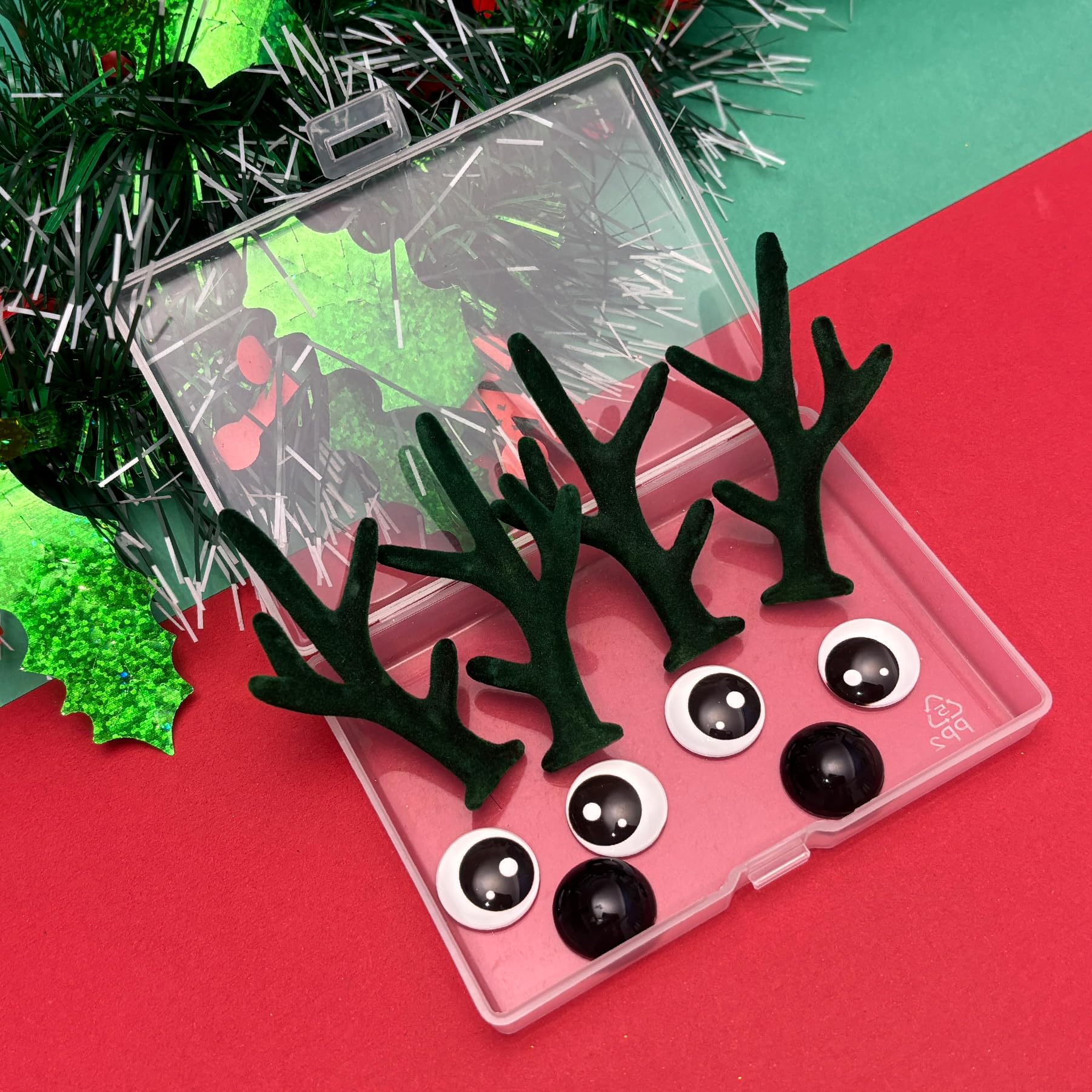 Bling Shoe Charms for Clog Sandals, 2Pairs of Lovely Reindeer Antlers, Animal Nose, Eyes Charms, Bling Glitter, Flocked Shoe Decoration Charms Accessories for Christmas Party Favor