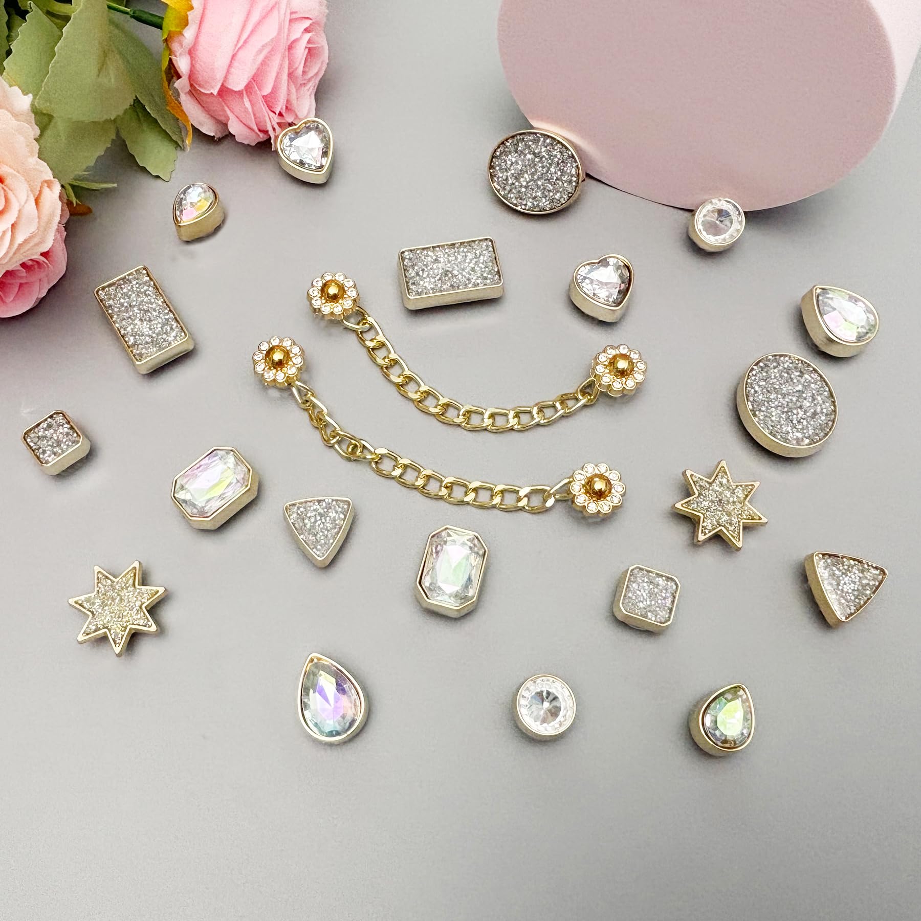 Bling Shoe Charms for Women, 22Pcs Plastic Sparkling Gems Rhinestones Shoe Decoration Charms, Girly Shoe Chains for Clog Sandals, DIY Shoe Accessories for Party Favor