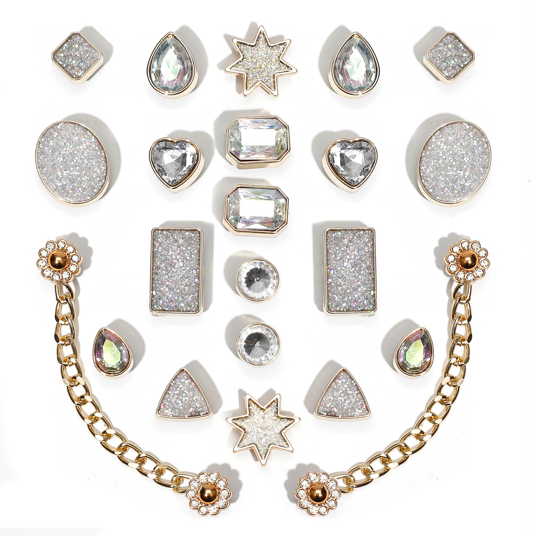 Bling Shoe Charms for Women, 22Pcs Plastic Sparkling Gems Rhinestones Shoe Decoration Charms, Girly Shoe Chains for Clog Sandals, DIY Shoe Accessories for Party Favor