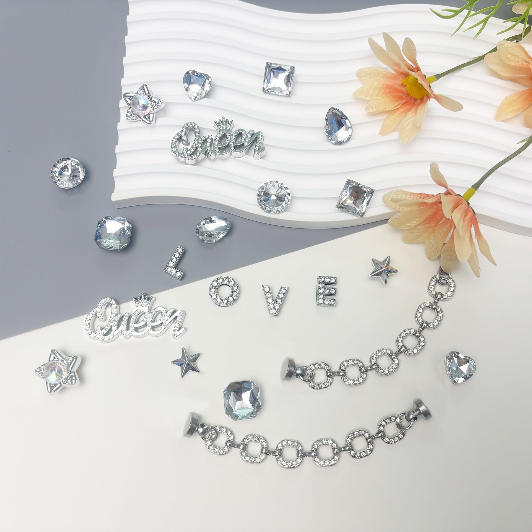 Bling Shoe Charms for Women, 22Pcs Plastic Sparkling Gems Rhinestones Shoe Decoration Charms, Girly Shoe Chains for Clog Sandals, DIY Shoe Accessories for Party Favor