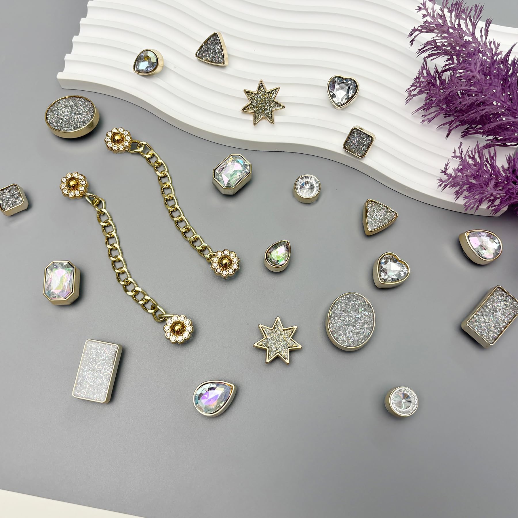 Bling Shoe Charms for Women, 22Pcs Plastic Sparkling Gems Rhinestones Shoe Decoration Charms, Girly Shoe Chains for Clog Sandals, DIY Shoe Accessories for Party Favor