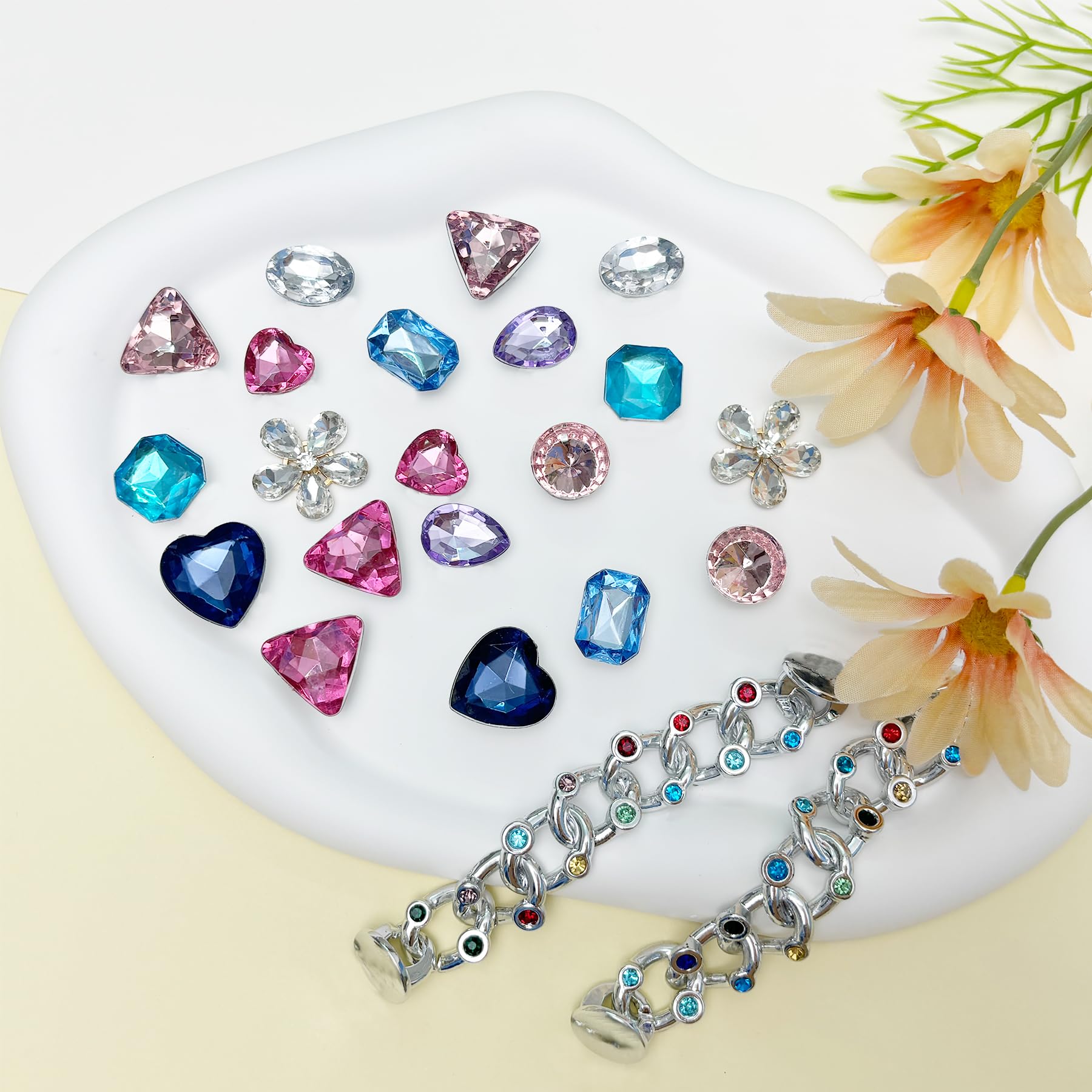 Bling Shoe Charms for Women, 22Pcs Plastic Sparkling Gems Rhinestones Shoe Decoration Charms, Girly Shoe Chains for Clog Sandals, DIY Shoe Accessories for Party Favor