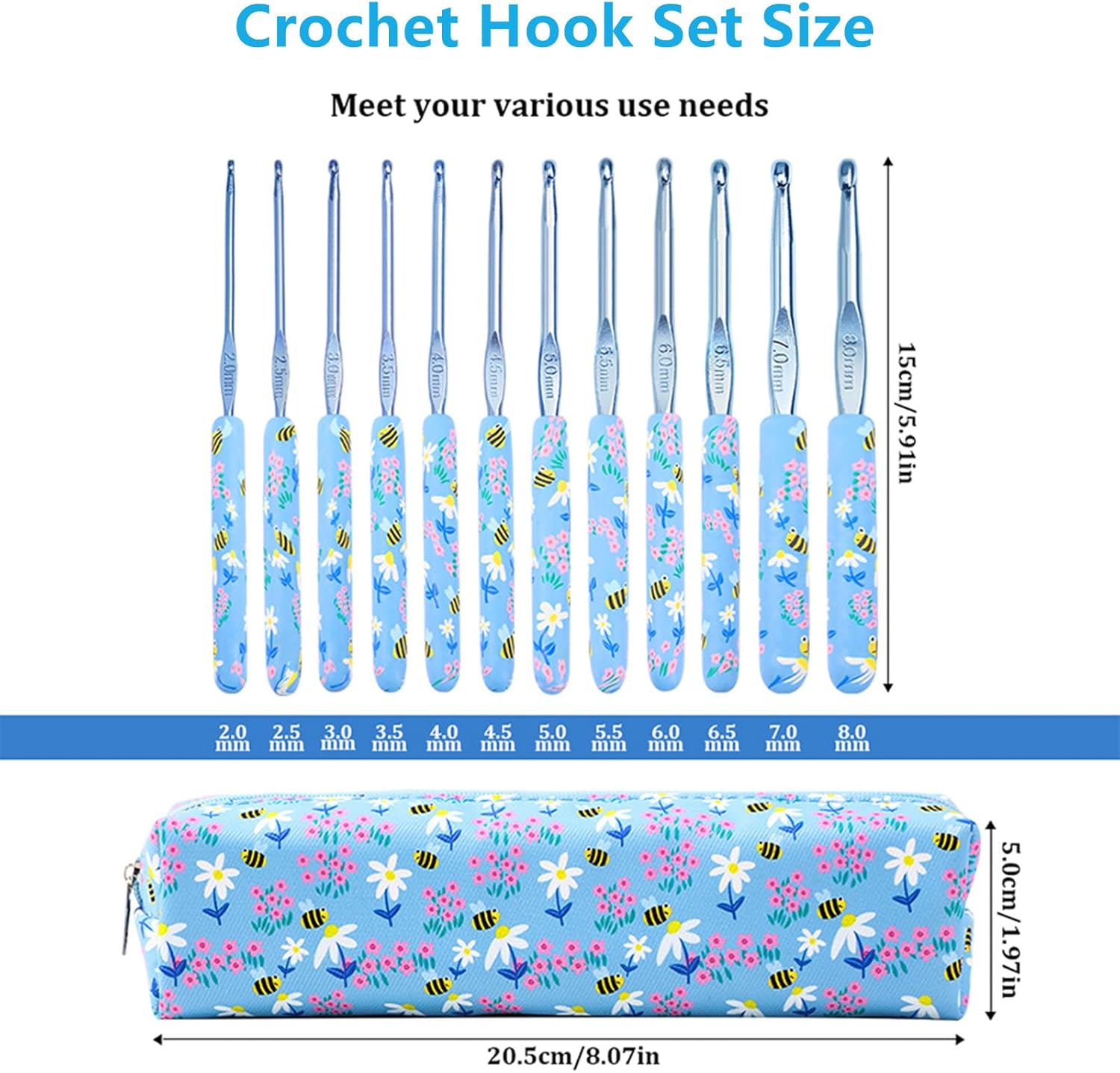 Blingcute 12 Sizes Crochet Hooks,2.0mm-8.0mm Ergonomic Crochet Hook Set with Soft Grip Handles,Aluminum Crochet Needles for Arthritic Hands,Crochet Needle Kit with Blue Case for Crocheters. (Blue)