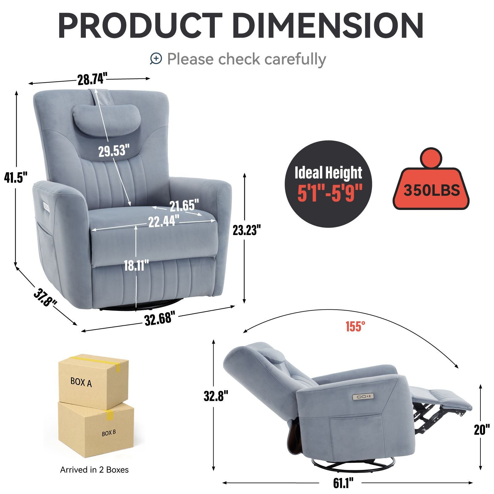 Blue Swivel and Rocker Power Recliner Chair with Lumbar and Neck Support Pillow, Heavy Duty Motion Mechanism with USB and Type-C Ports