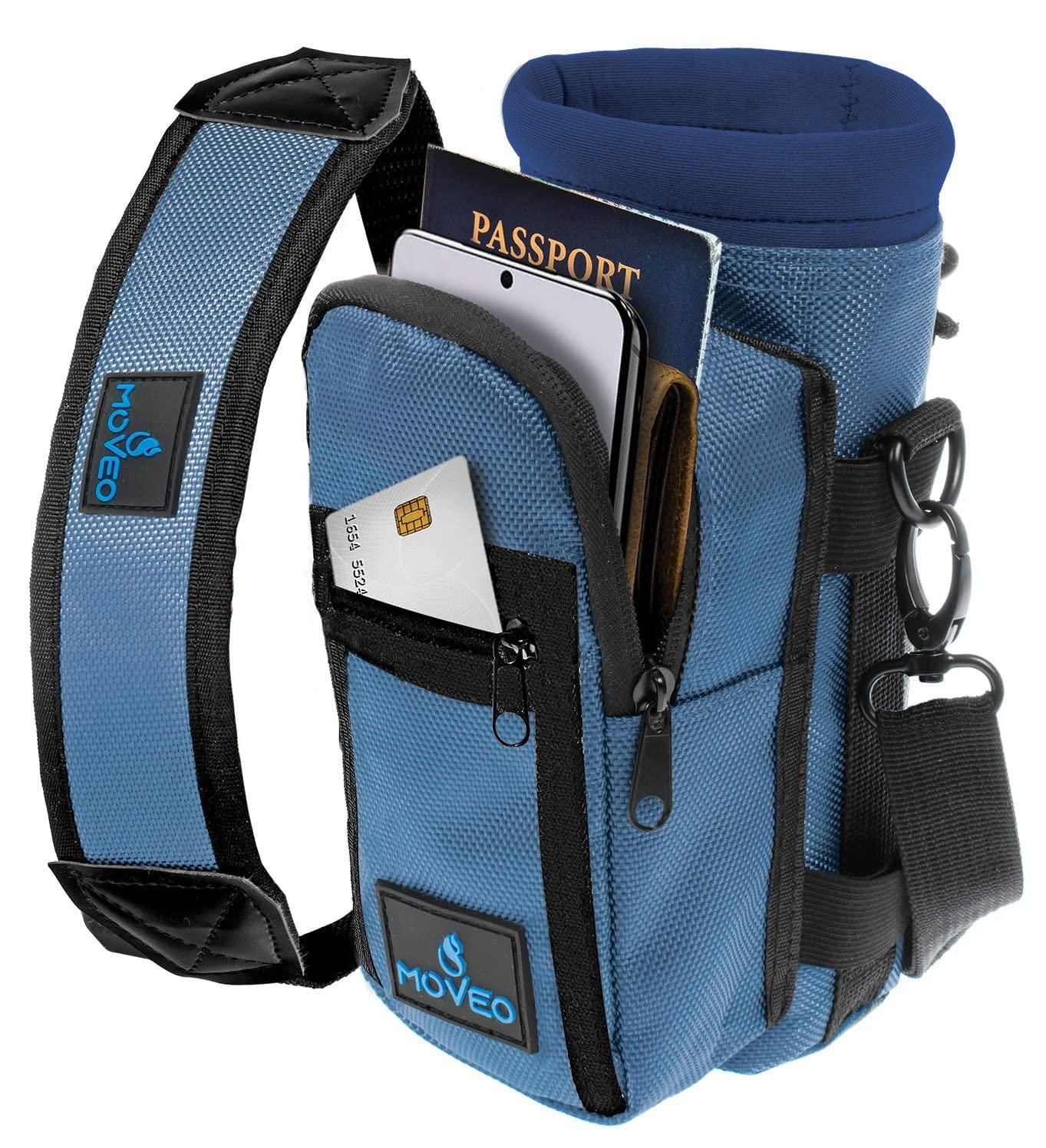 Blue Water Bottle Holder Carrier Bottle Cooler w Adjustable Shoulder Strap and Front Pockets Suitable for 16 oz to 25oz Bottles Carry Protect Insulate Your Bottle or Hydro Flask
