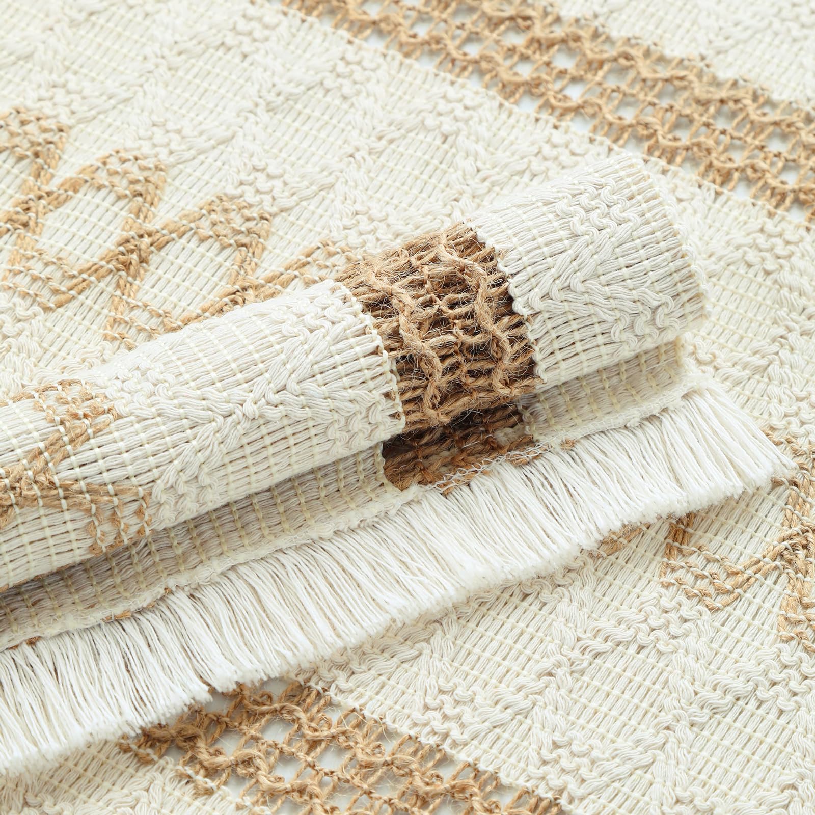 Boho Placemats Set of 6, Farmhouse Rustic Woven Placemats for Dining Table Decor, Handmade Braided Place Mats in Natural Cotton Jute and Water Straw for Kitchen Table