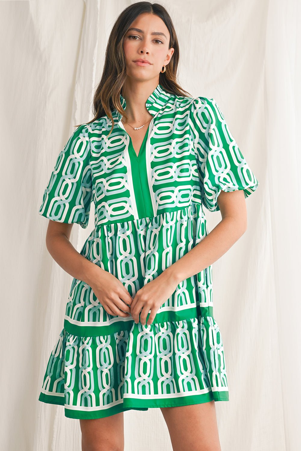 Bright Green Abstract Print Puff Sleeve Pop of Color Neckline Dress