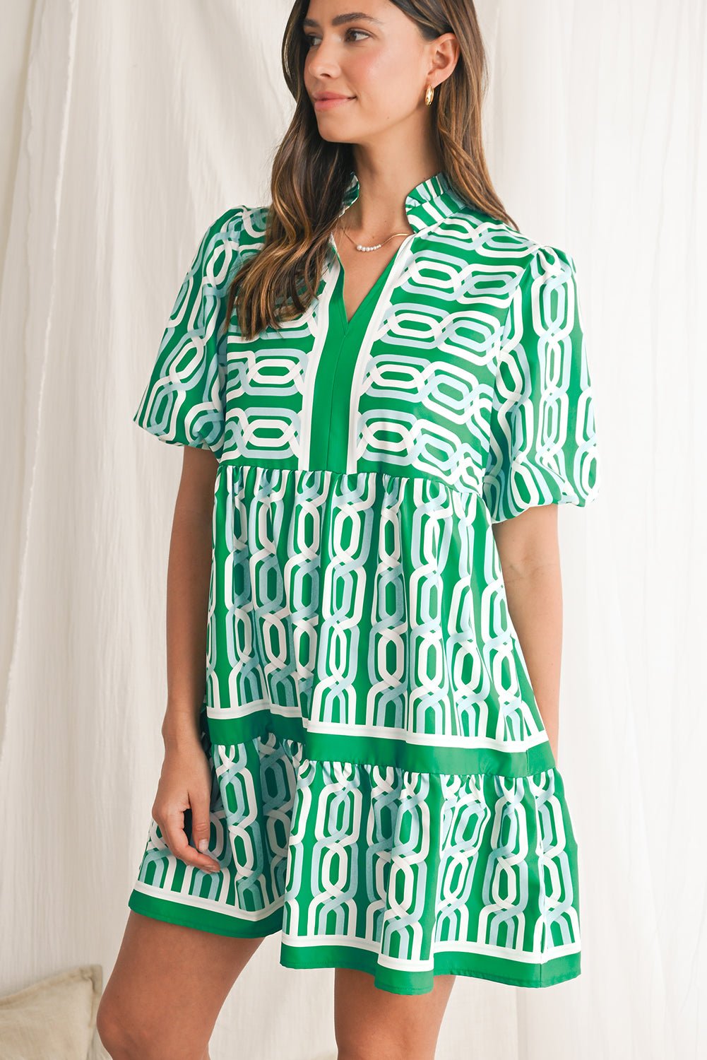 Bright Green Abstract Print Puff Sleeve Pop of Color Neckline Dress