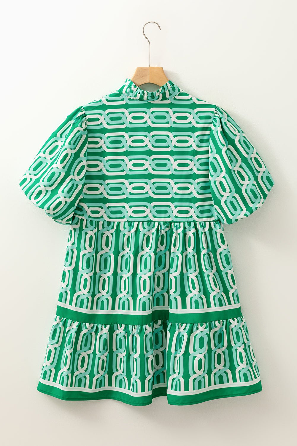 Bright Green Abstract Print Puff Sleeve Pop of Color Neckline Dress
