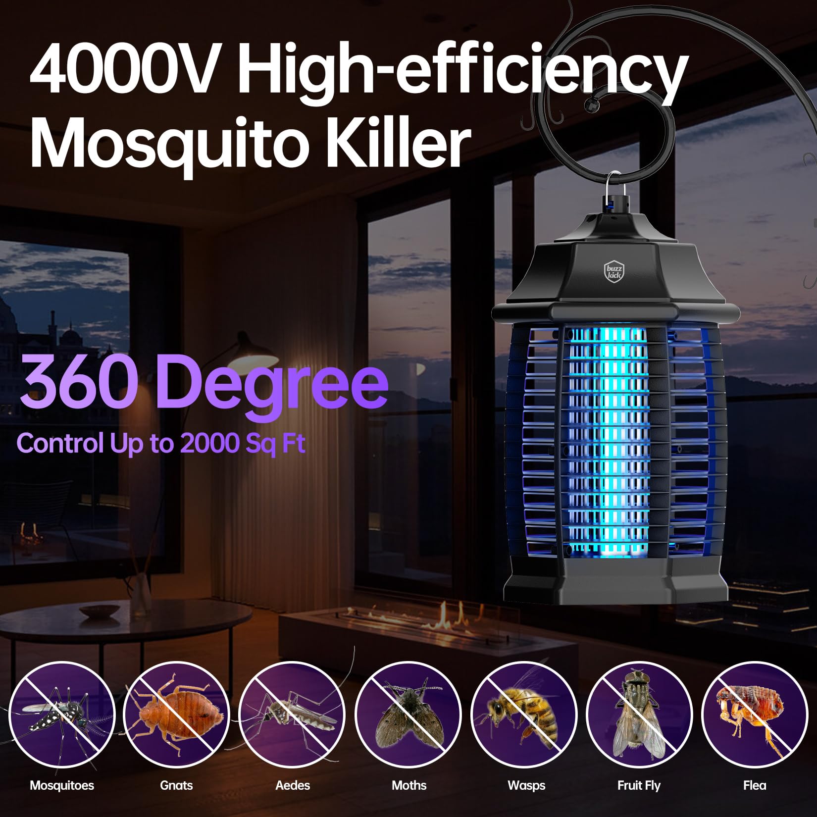 Bug Zapper Indoor, Fly Zappers Electric Mosquitoes Insect Gant Fruit Flies Moth Traps with 4200V for Home Living Room Bedroom Kitchen Backyard Patio Garage Office Camping
