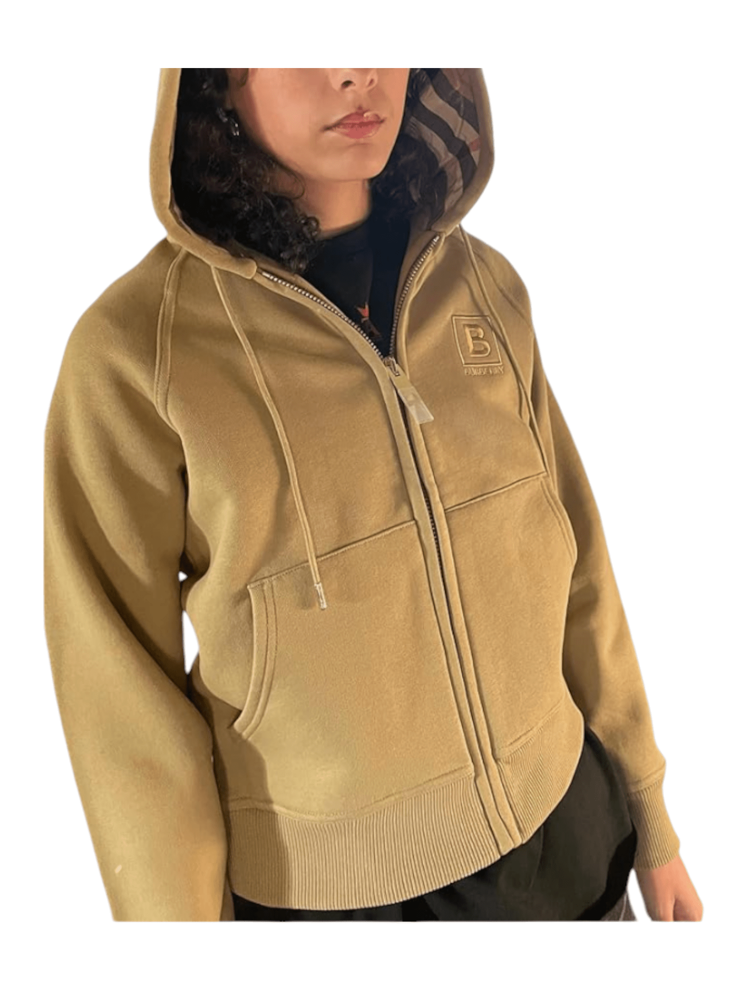 Burberry Letter Graphic Check Trim Cotton-Blend Zip Hoodie, Honey