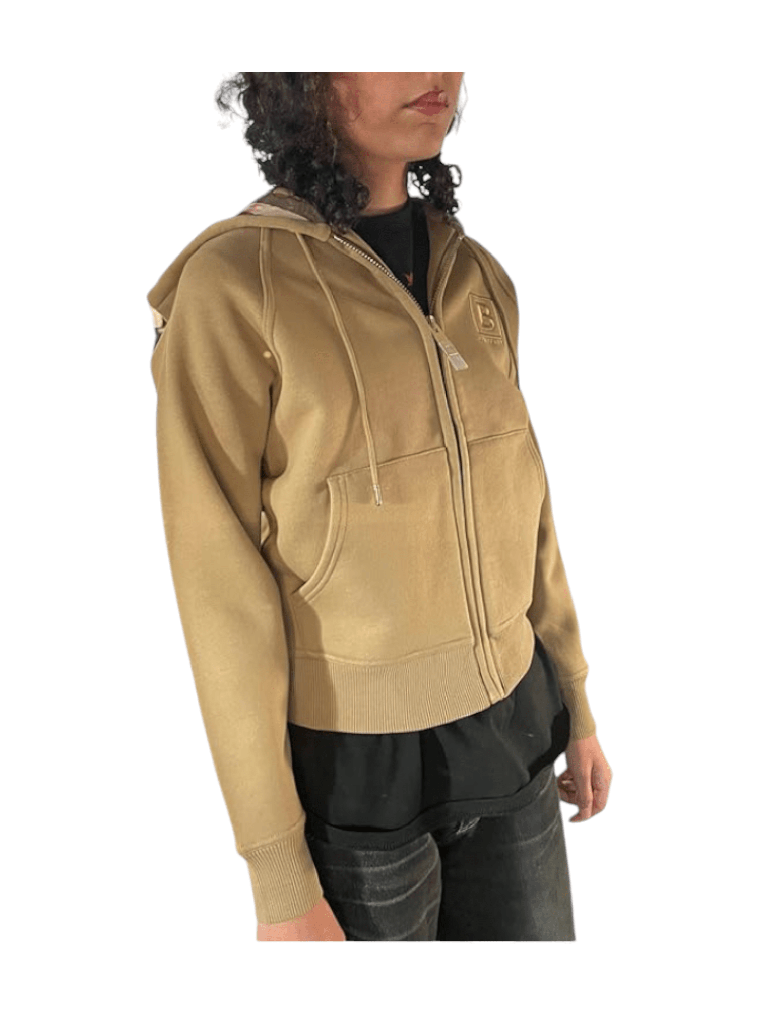 Burberry Letter Graphic Check Trim Cotton-Blend Zip Hoodie, Honey