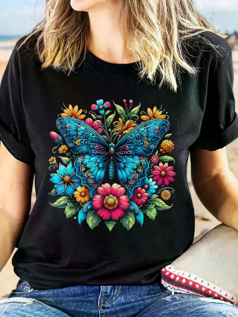 Butterfly With Flowers Aesthetic Butterfly T-Shirt Casual Short Sleeve Top For Spring & Summer, Women'S Clothing