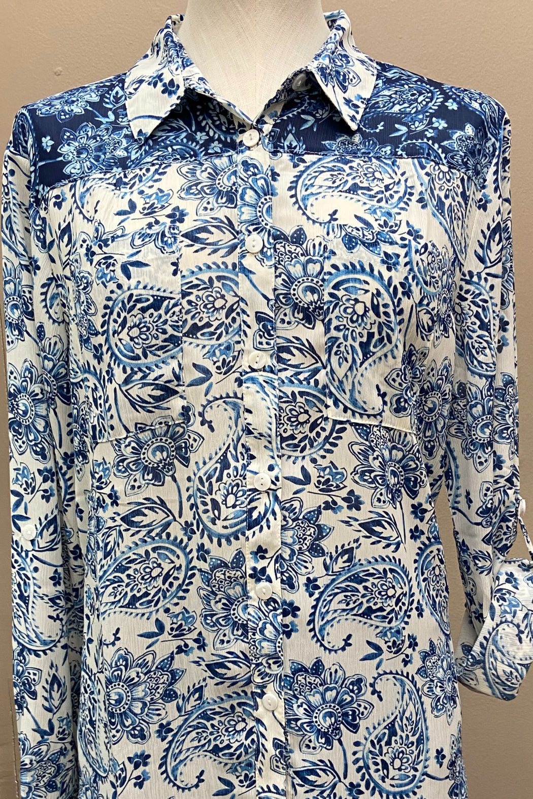 Button-down, combo yoke, crinkle georgette fabric with a paisley print  shirt.