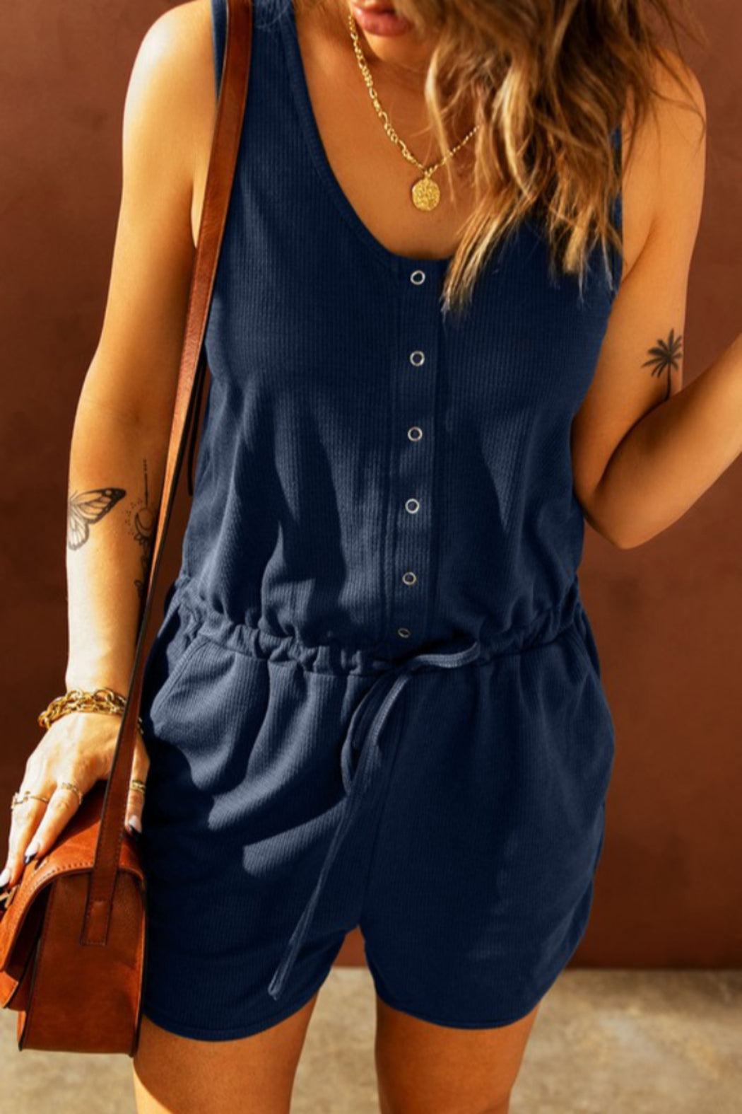 Button Down Drawstring Romper