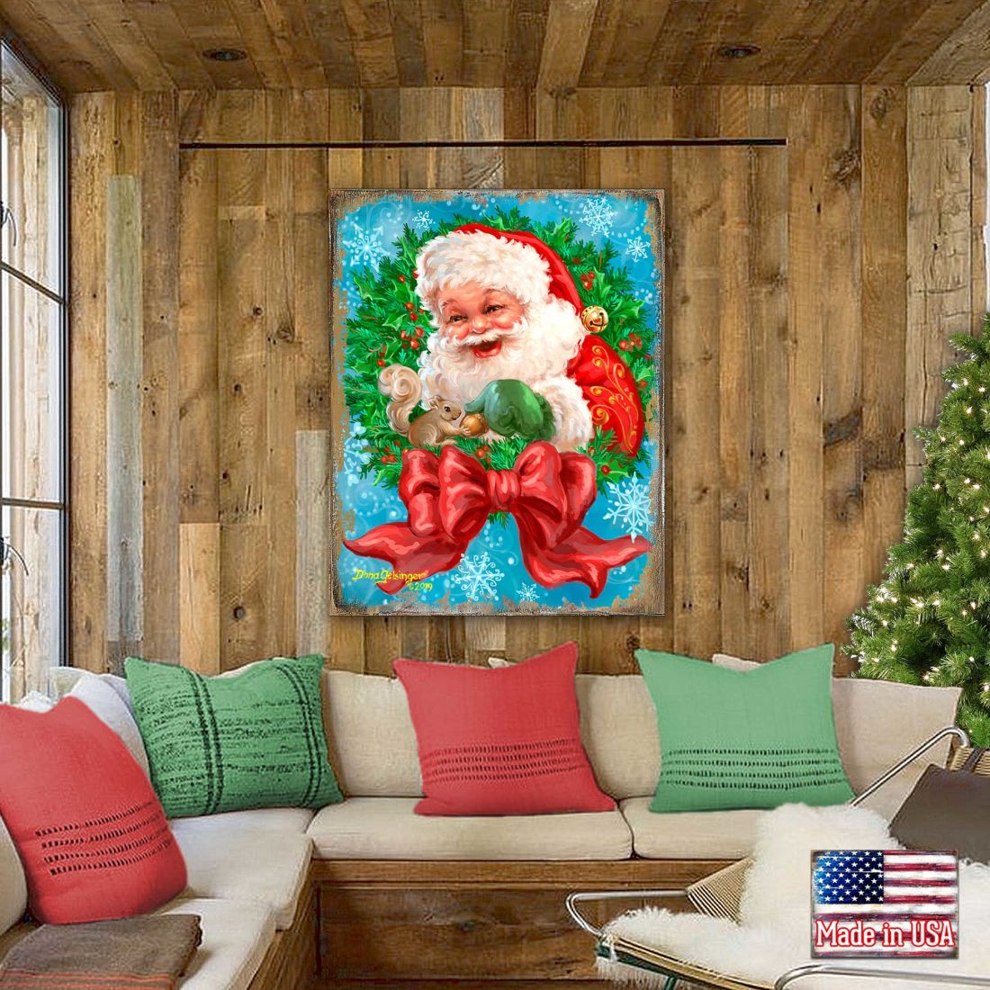 Santa Bow Wreath Art Wooden Wall Art by D. Gelsinger - Christmas Santa Snowman Decor - 95606B-1309