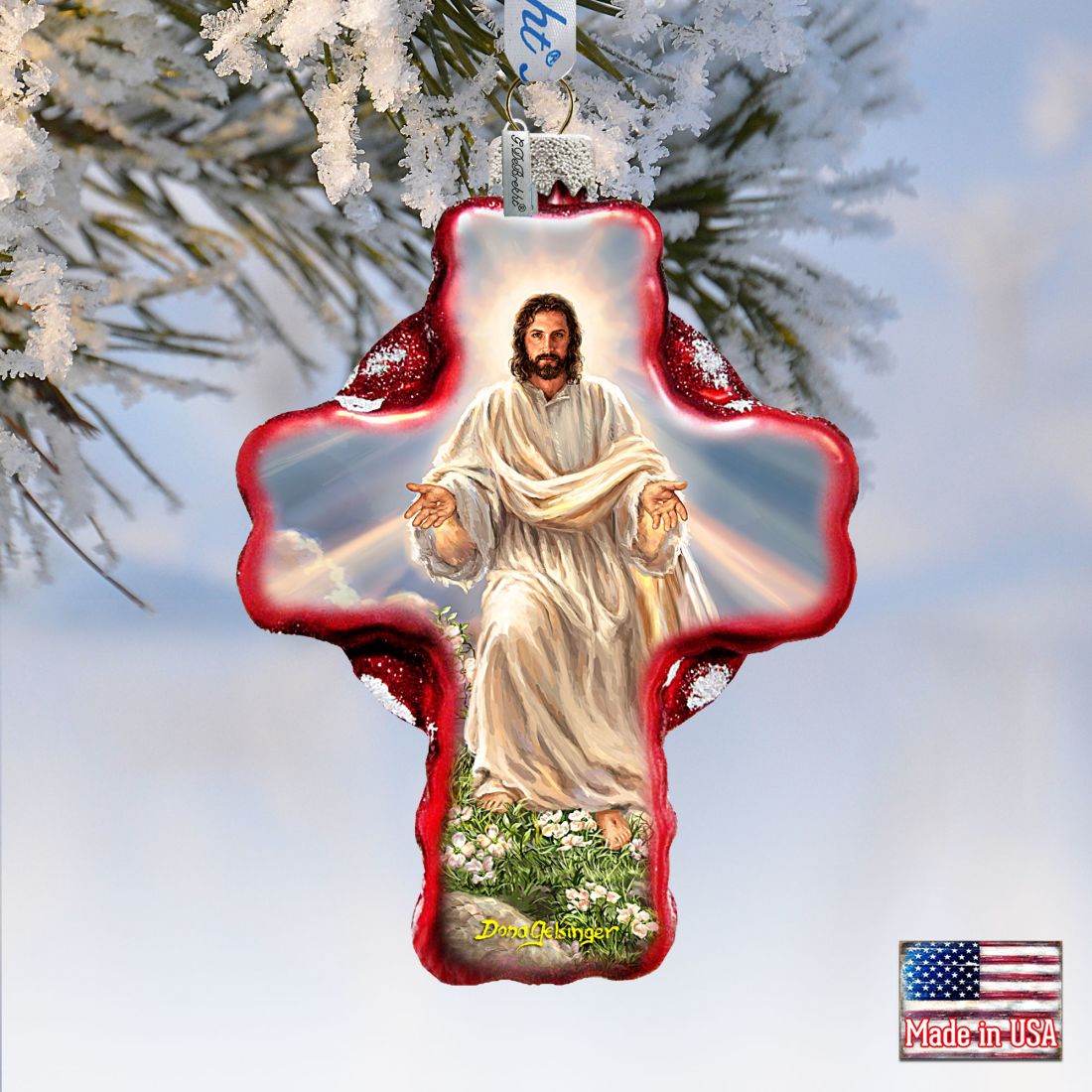 Jesus Resurrections Icon Cross Glass Ornament by D. Gelsinger - Nativity Holiday Decor - 758-021-DG