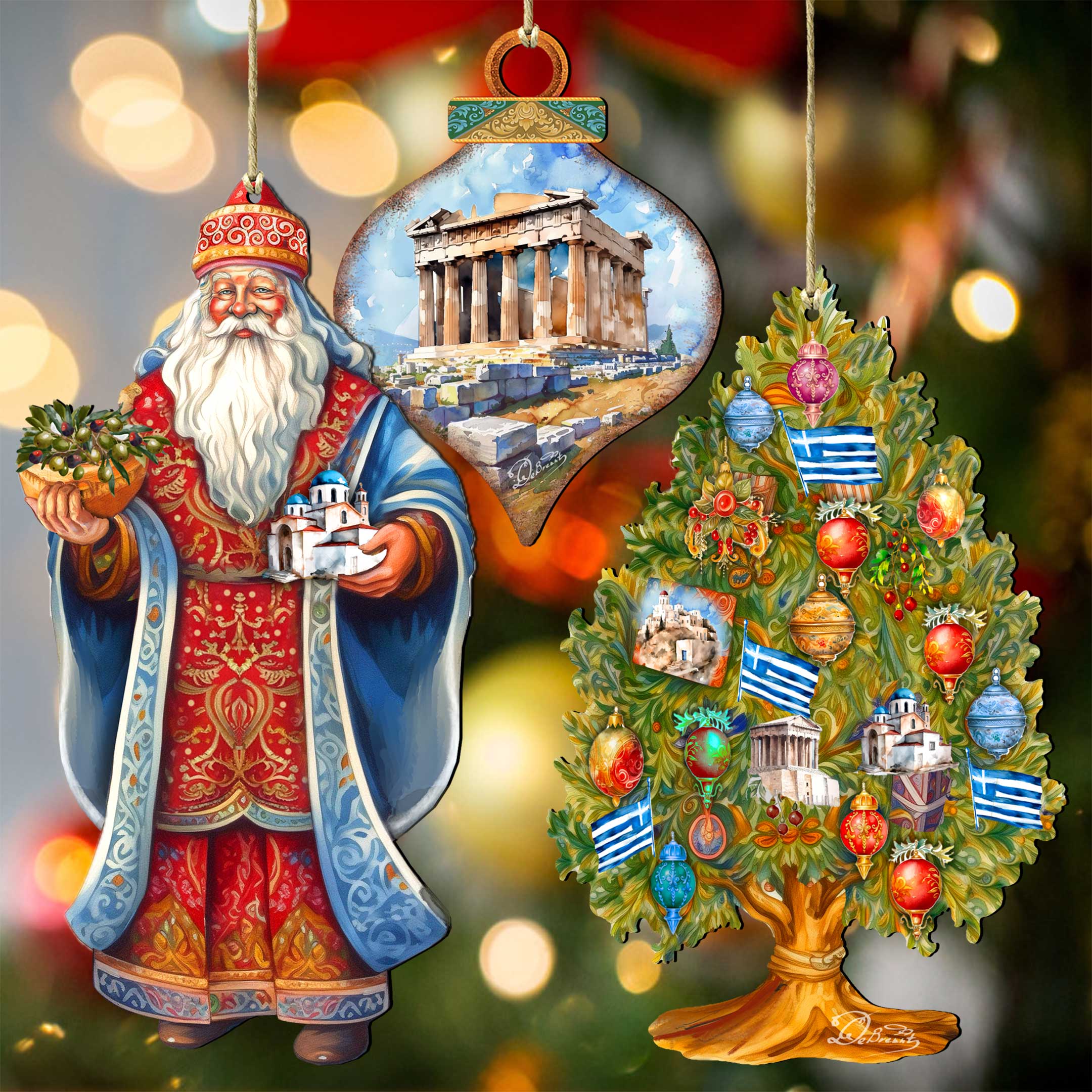 Santas Around the World - Greece Inspired Santa - Wooden Ornaments Set of 3 by G. DeBrekht Christmas Santa Snowman Decor - 8091316S3