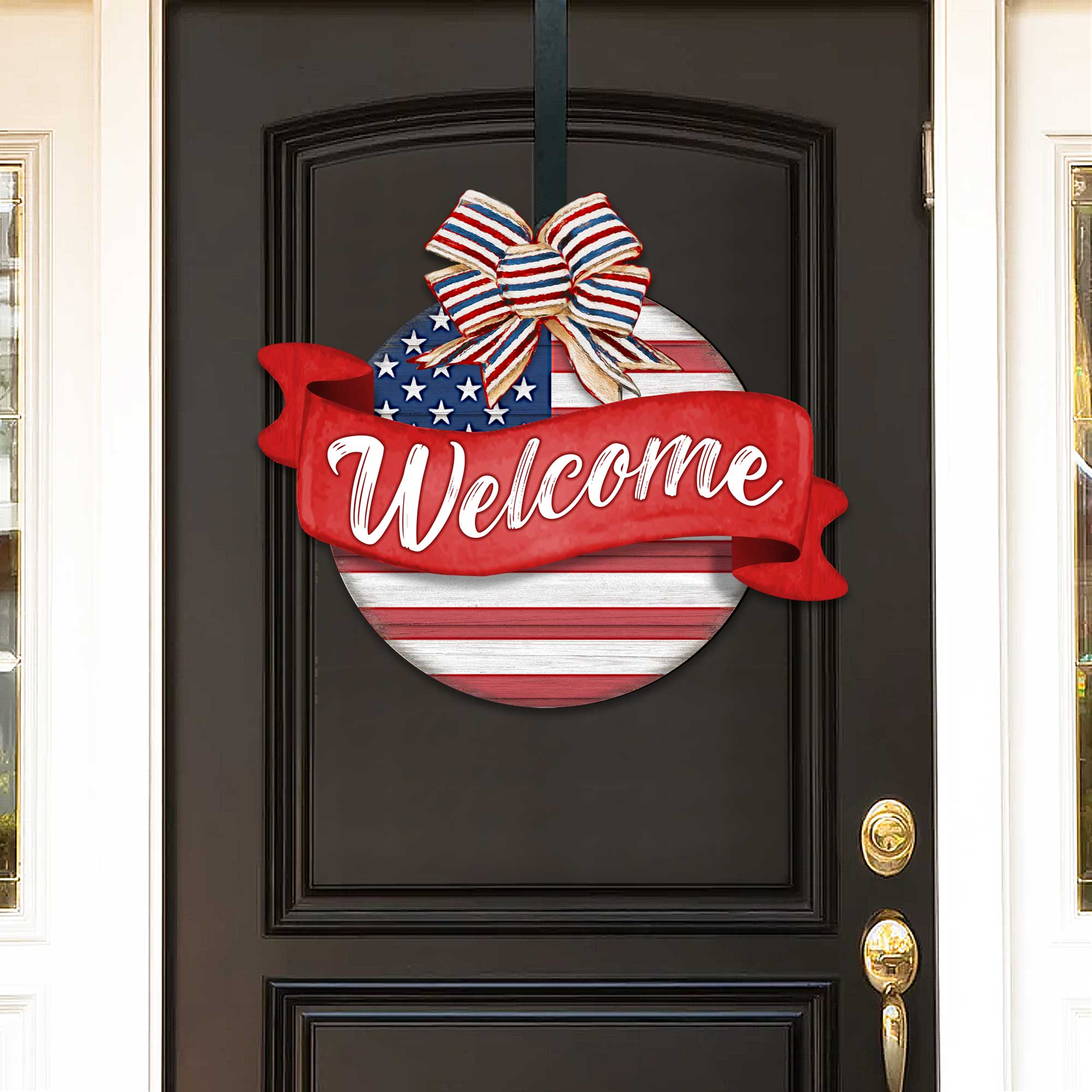 Front door welcome sign American flag porch wreath Main entrance banner Welcome sign - Wooden front porch decor - 933103H