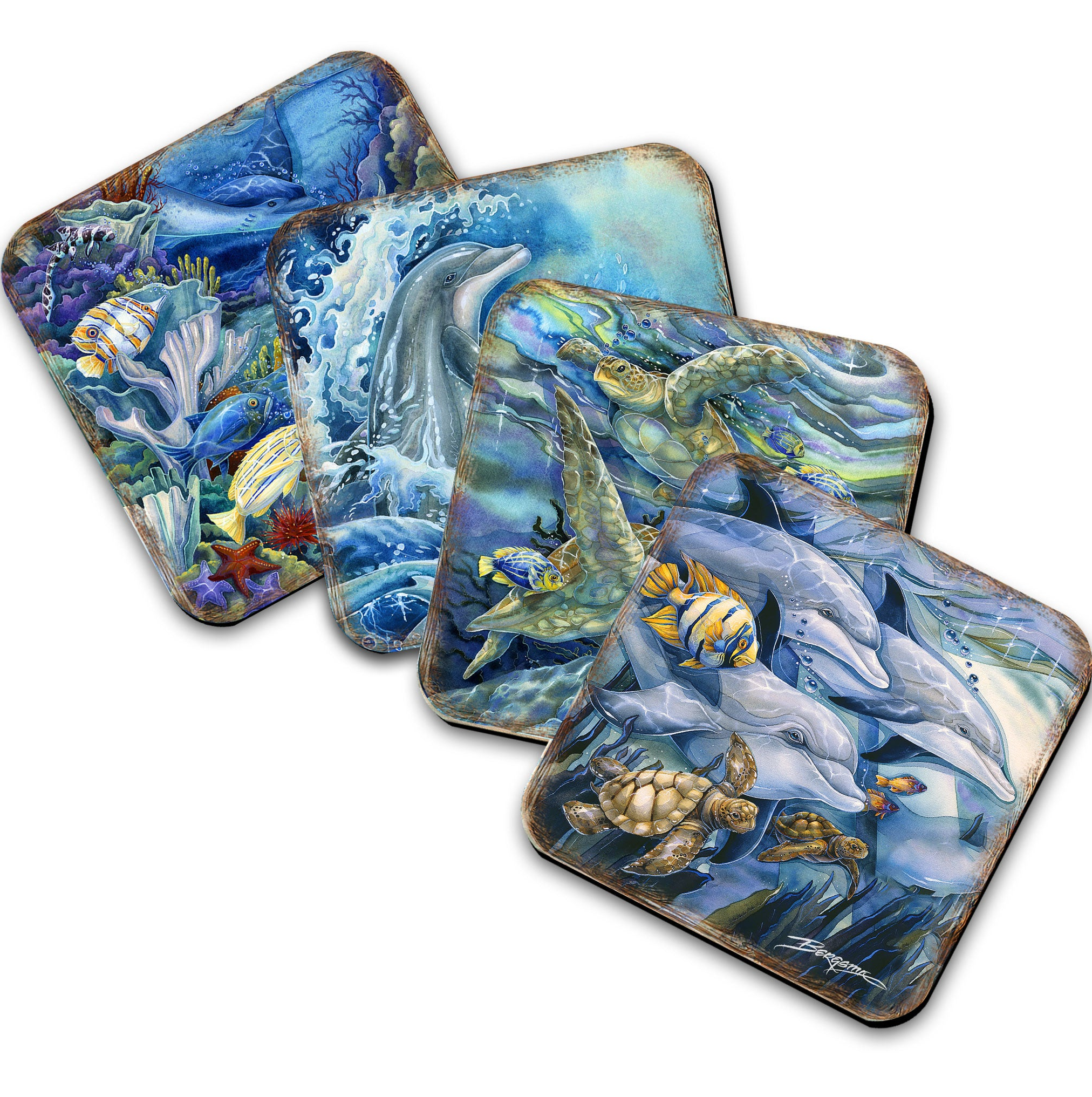 Sea Creatures Wooden Cork Coasters Gift Set of 4 by J. Bergsma - Coastal Décor - 8199456C-S4