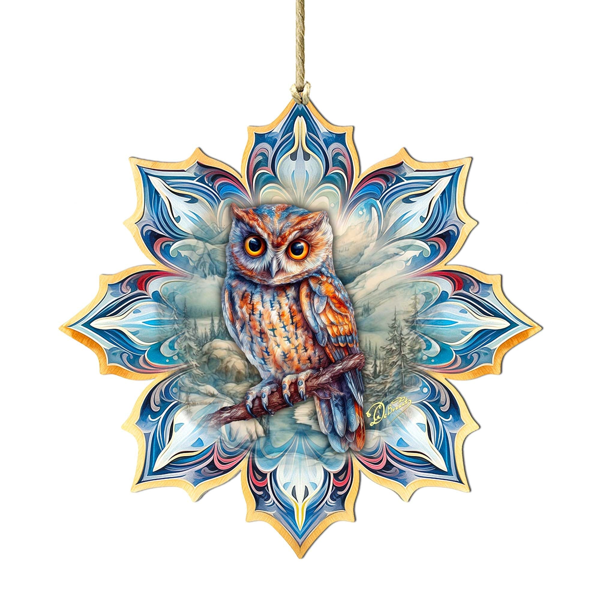 Great Horned Owl Snowflake Wooden Ornaments by G. Debrekht - Nature Wildlife Decor - 8688436