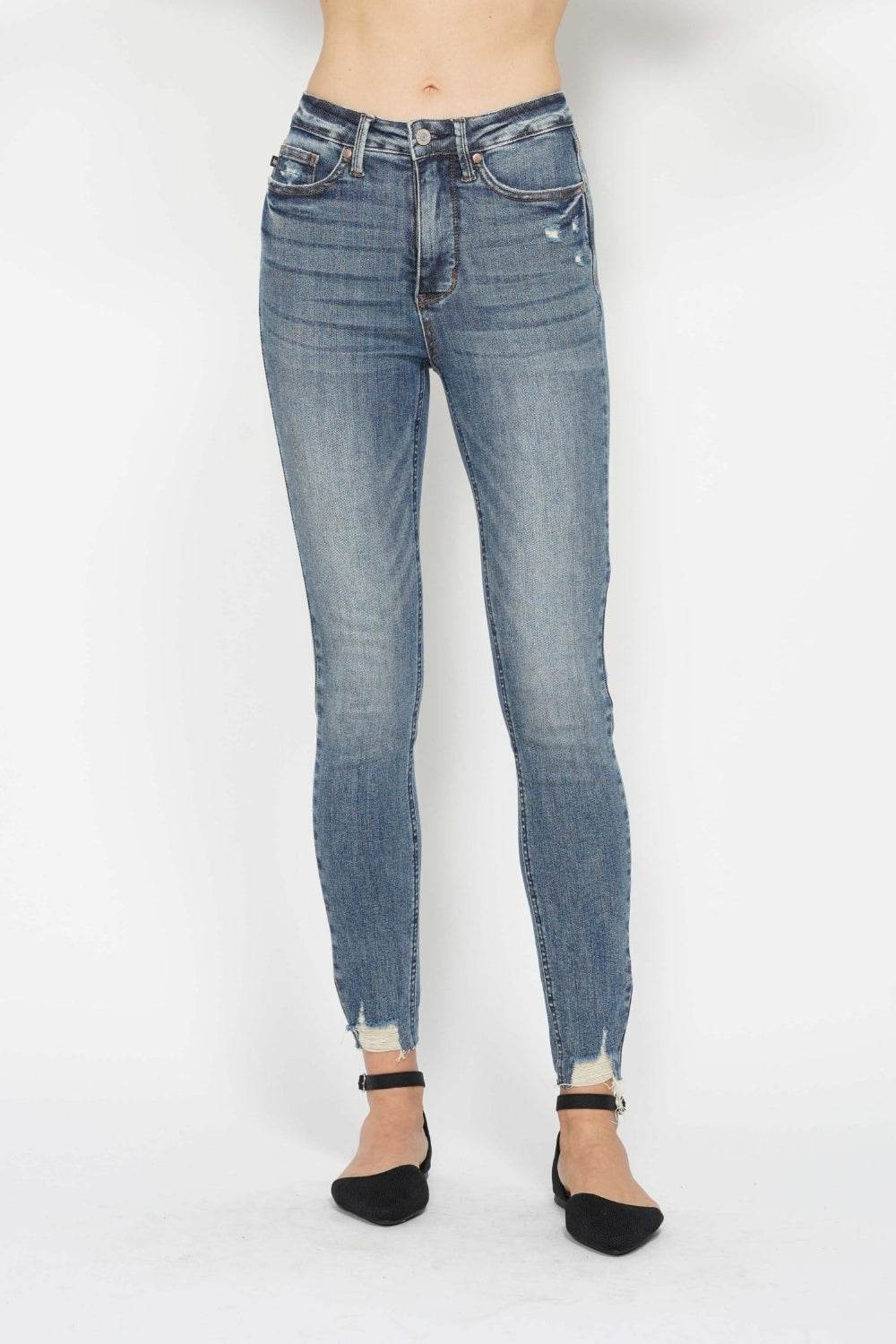 Judy Blue Full Size Tummy Control Vintage Wash Hem Destroy Skinny Women Jeans