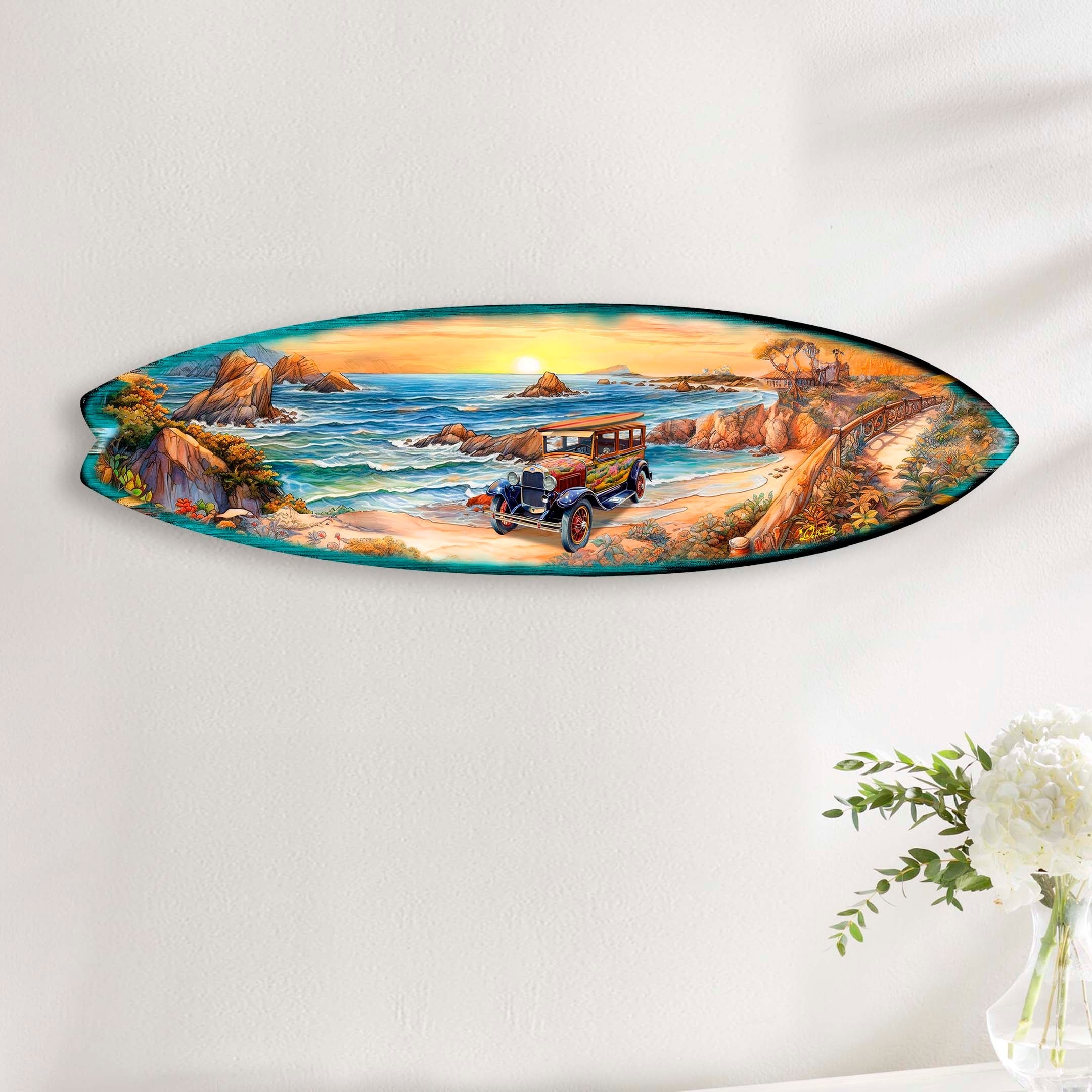 Sunrise at the Beach Surfboard Coastal Wall Art by G. DeBrekht - Coastal Holiday Decor - 8490124HS