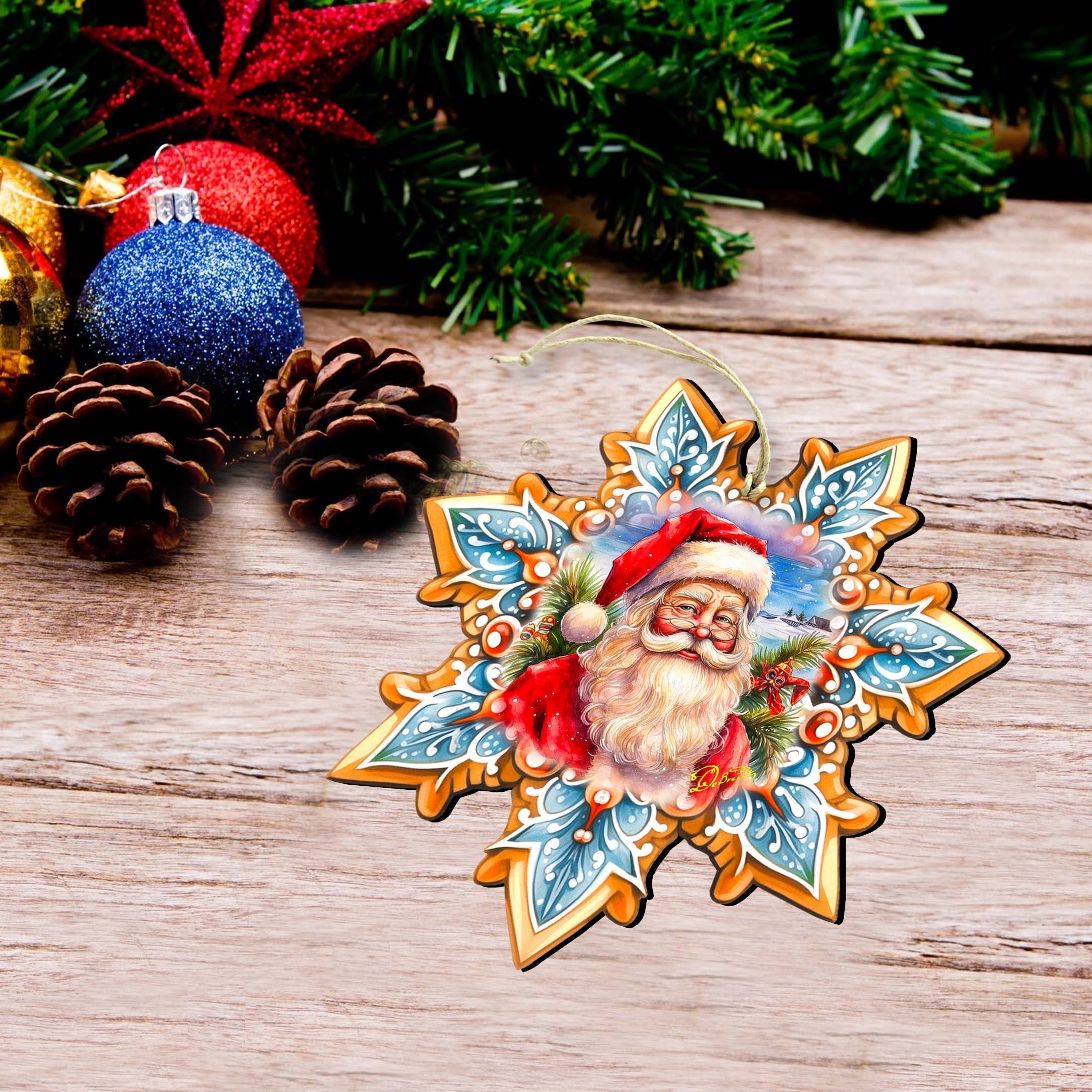 Santa's Smile Snowflake Wooden Ornaments Set of 3 by G. Debrekht - Christmas Decor - 8090148-S3