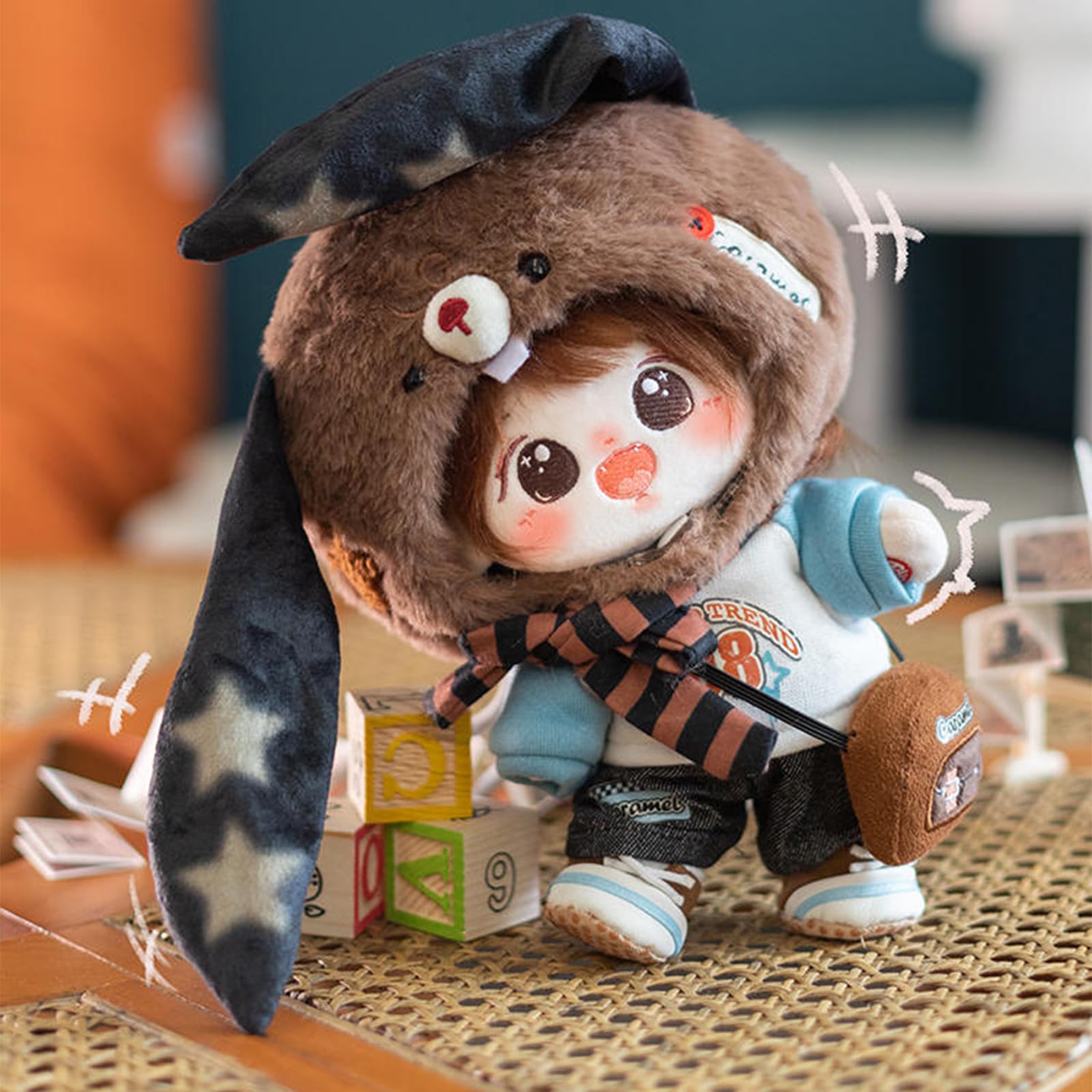 CALEMBOU 20cm Plush Doll, Cute Soft Stuffed Dress up Doll with Skeleton, Kawaii Plush Toys for Birthday with Clothes (Amiao + Working Lamb Set)