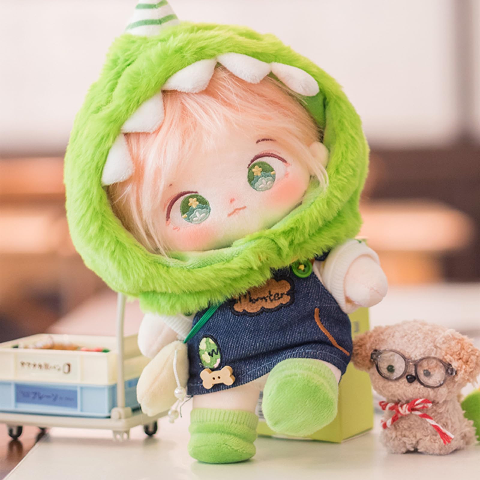 CALEMBOU 20cm Plush Doll, Cute Soft Stuffed Dress up Doll with Skeleton, Kawaii Plush Toys for Birthday with Clothes (Amiao + Working Lamb Set)