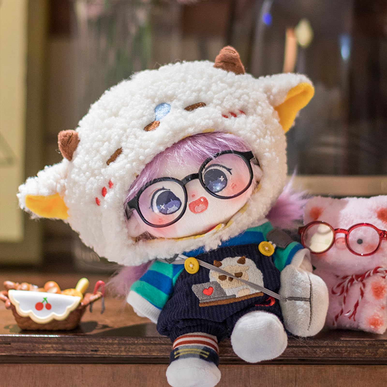 CALEMBOU 20cm Plush Doll, Cute Soft Stuffed Dress up Doll with Skeleton, Kawaii Plush Toys for Birthday with Clothes (Amiao + Working Lamb Set)