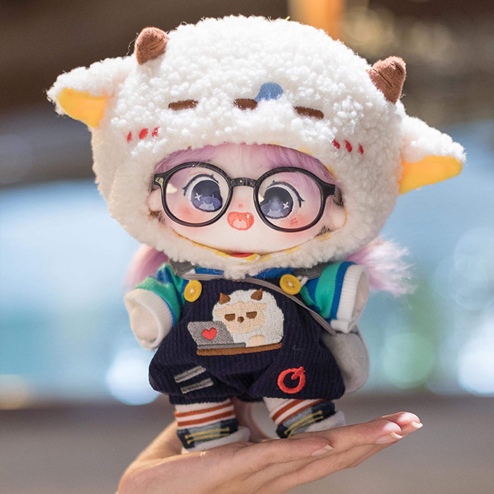 CALEMBOU 20cm Plush Doll, Cute Soft Stuffed Dress up Doll with Skeleton, Kawaii Plush Toys for Birthday with Clothes (Amiao + Working Lamb Set)