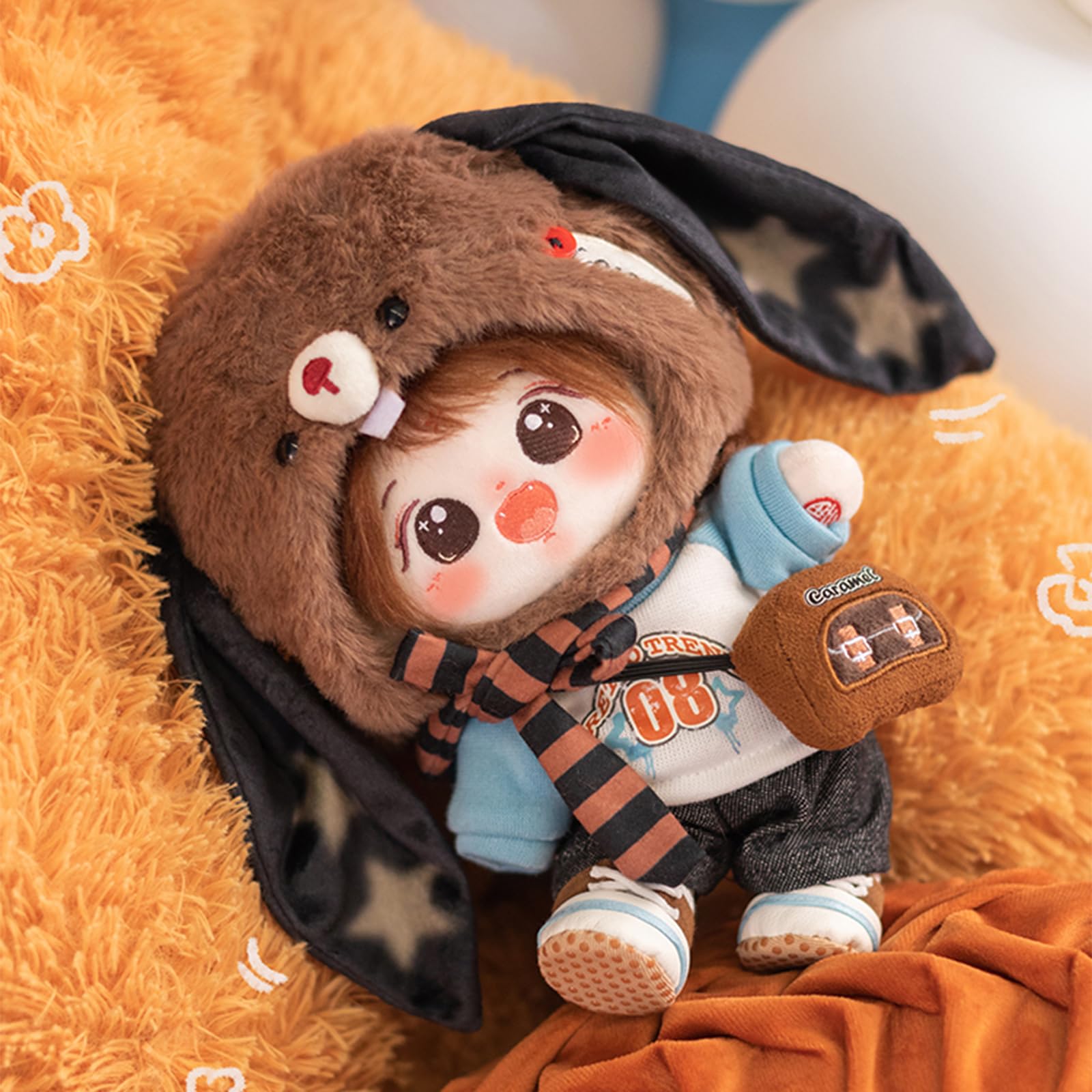 CALEMBOU 20cm Plush Doll, Cute Soft Stuffed Dress up Doll with Skeleton, Kawaii Plush Toys for Birthday with Clothes (Amiao + Working Lamb Set)