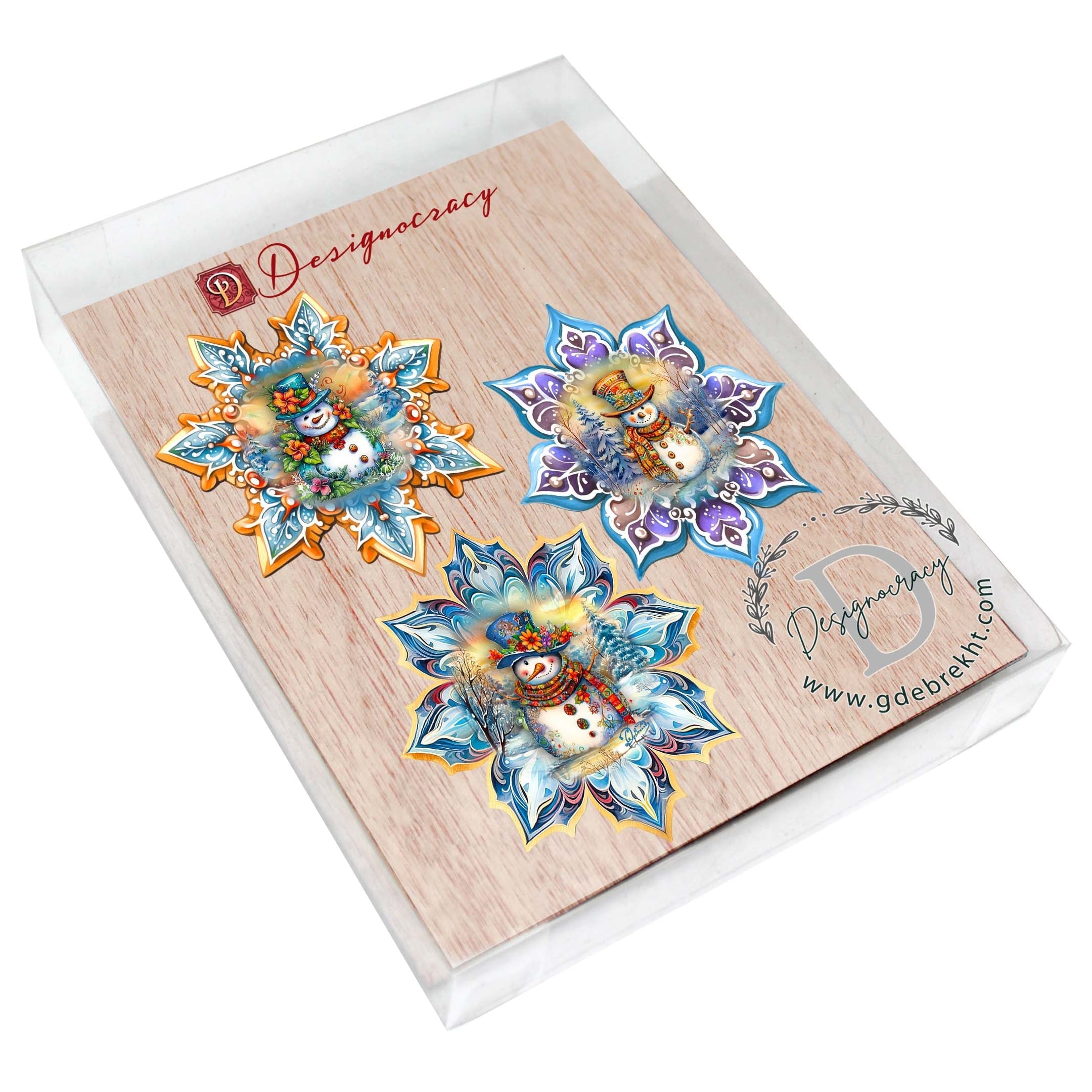 Happy Snowman Snowflake Wooden Ornaments Set of 3 by G. Debrekht - Christmas Decor - 8090149-S3