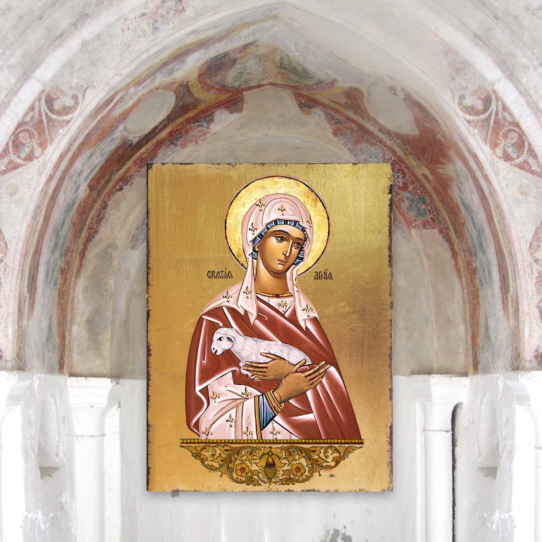 Saint Agnia Wooden Gold Plated Religious Christian Sacred Icon - Inspirational Icon Decor - 85025