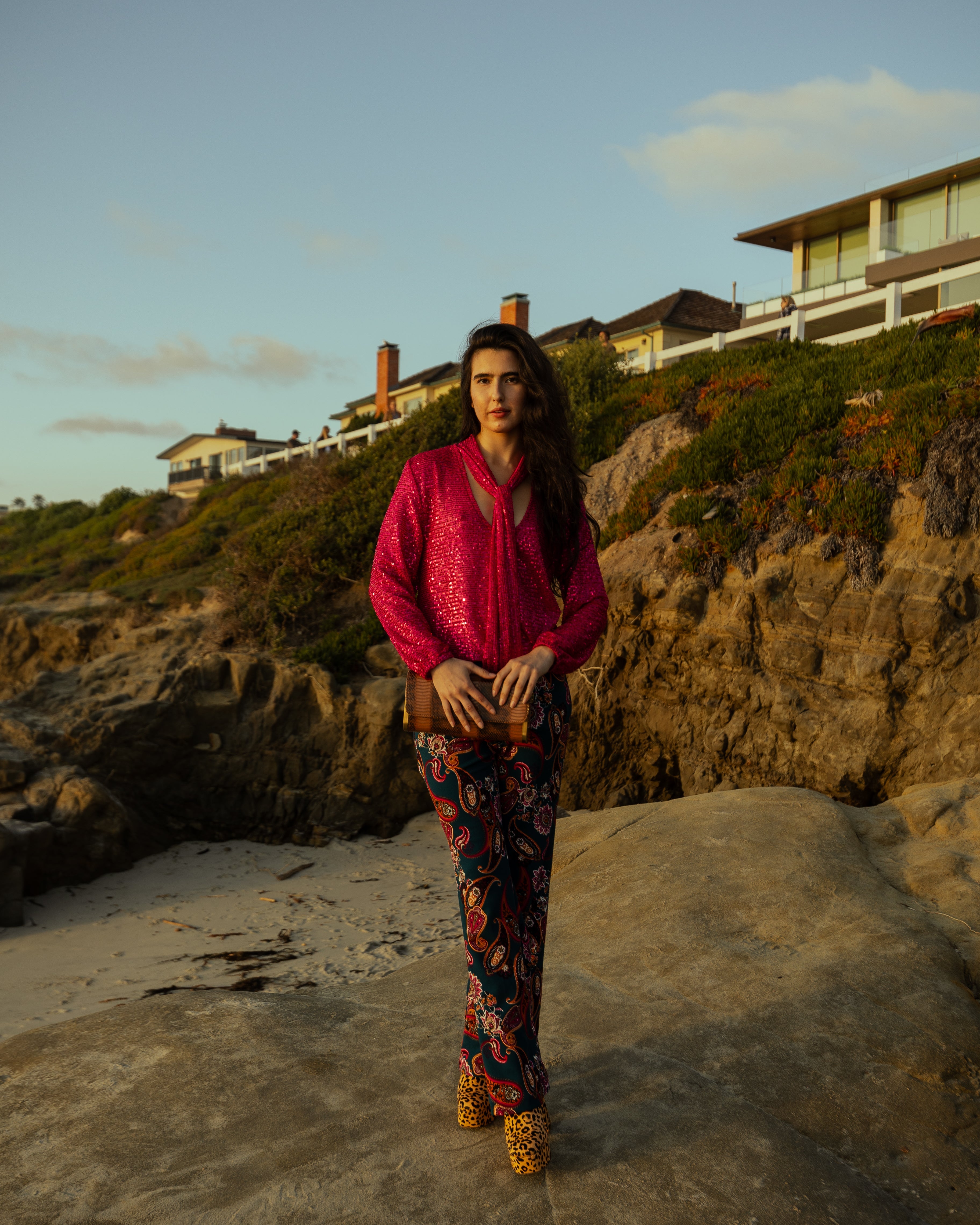 Cerise Sequin Tie Front Blouse